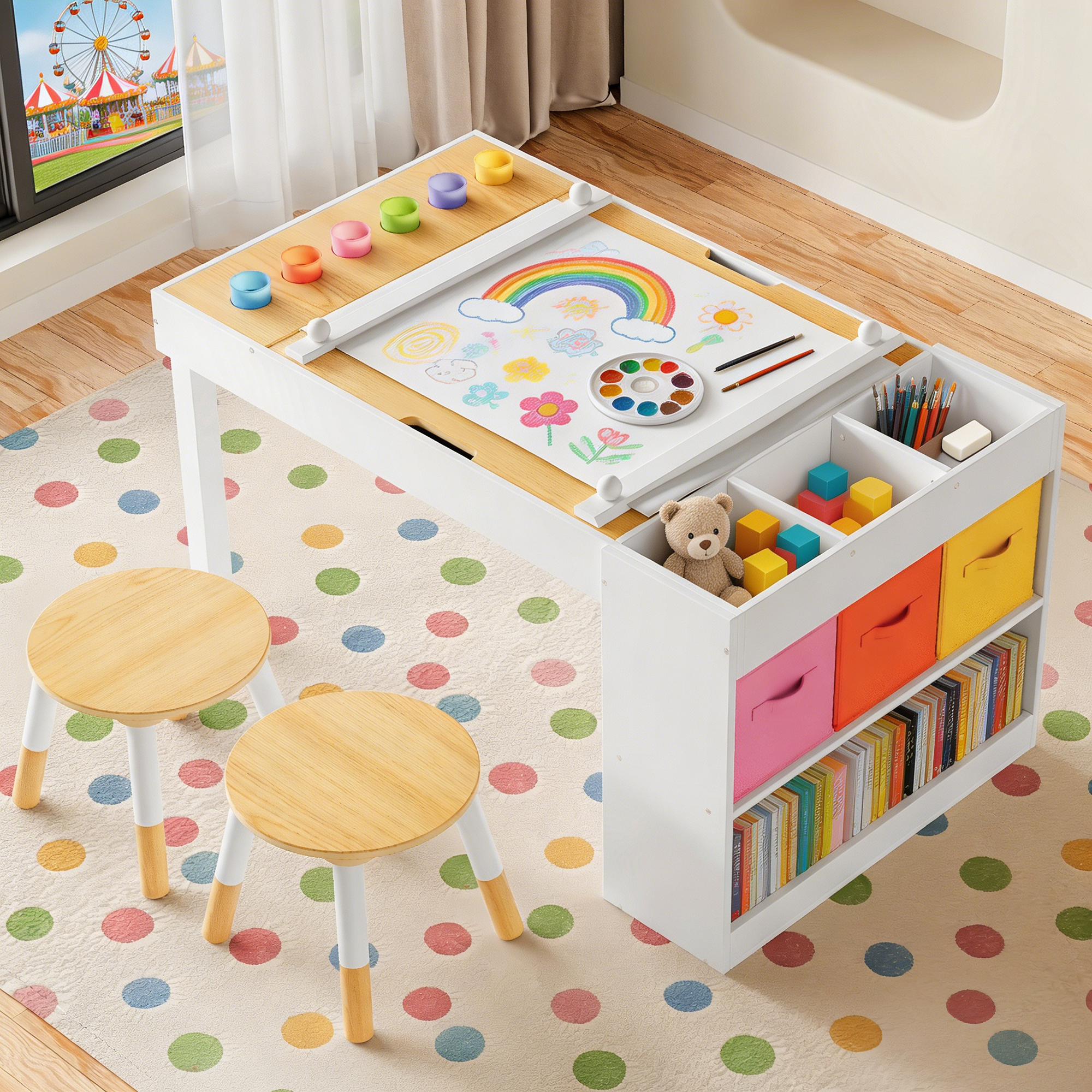 Guqiart Kids Activity Table and Chair Set,Wooden Craft Desk for Drawing, Learning, and Playroom (39 x 23 Inch)