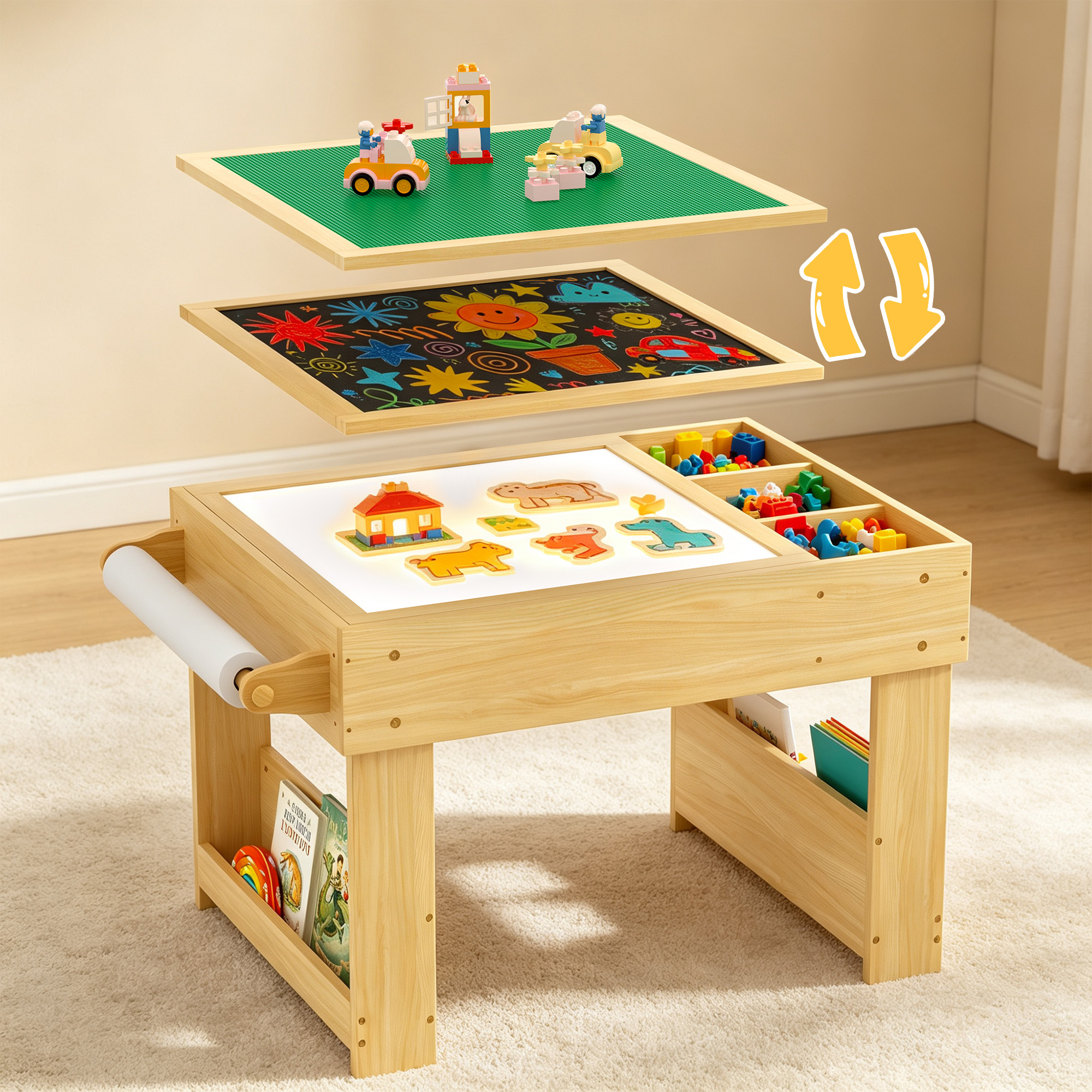 Guqiart 5-in-1 Kids Reversible Activity Desk, Sand Art Building Block Blackboard Paper Roll Storage Bookshelf Sensory LED Light Activity Table, Natural