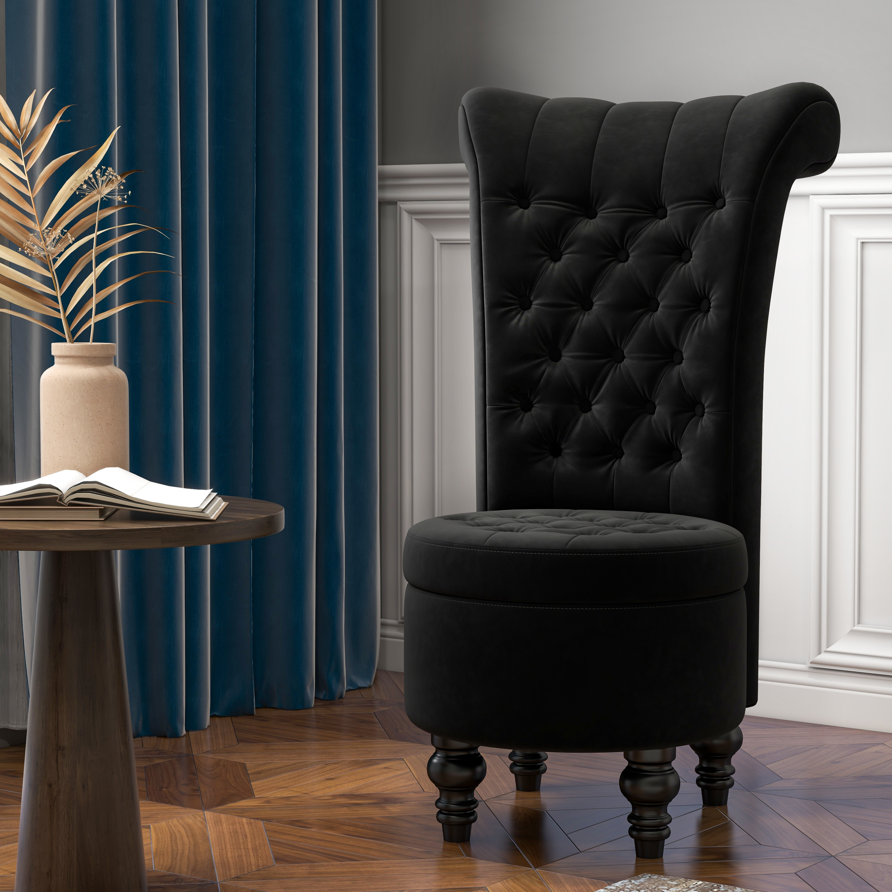 Guqiart Velvet Upholstered Accent Chair with Storage, High Back Throne Vanity Seat, Tufted Armless Living Room Chair, Bedroom Lounge Furniture with Hidden Compartment