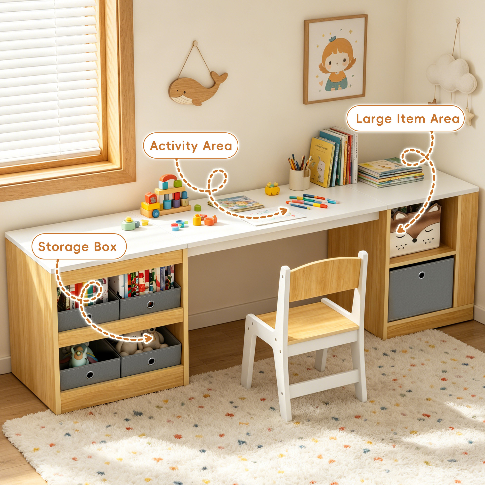 Guqiart Double Kids Desk and Chair Set, 82.7 Inch Wooden 2 Person Study Table with Storage Shelves, 5 Fabric Storage Bins & Side Book Rack, Large Toddler Craft Activity Desk for Bedroom Playroom