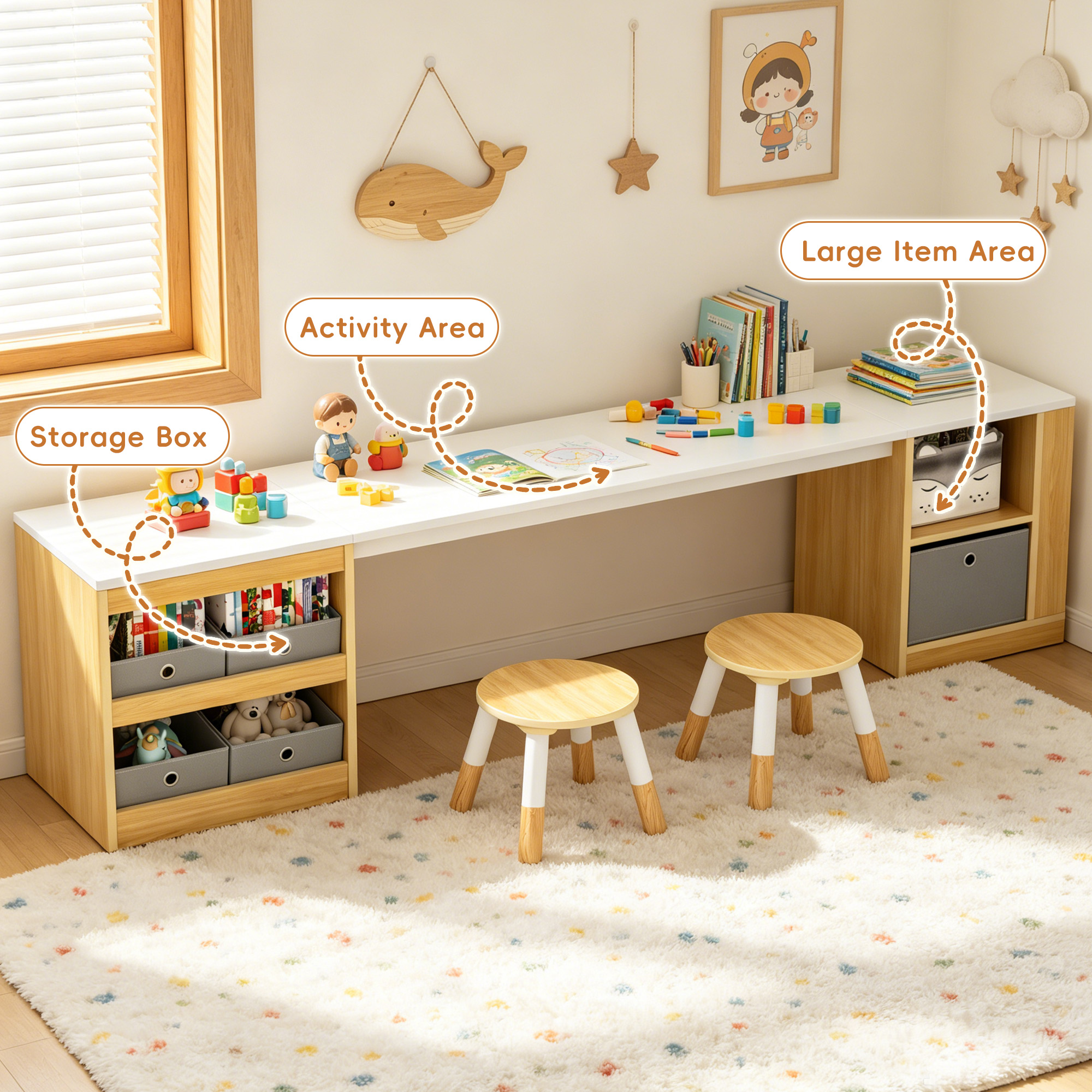 Guqiart Double Kids Wooden Study Desk and Chair Set for Two Children, 82.7" Long Craft Table with Storage Shelves, Fabric Bins and Side Book Rack