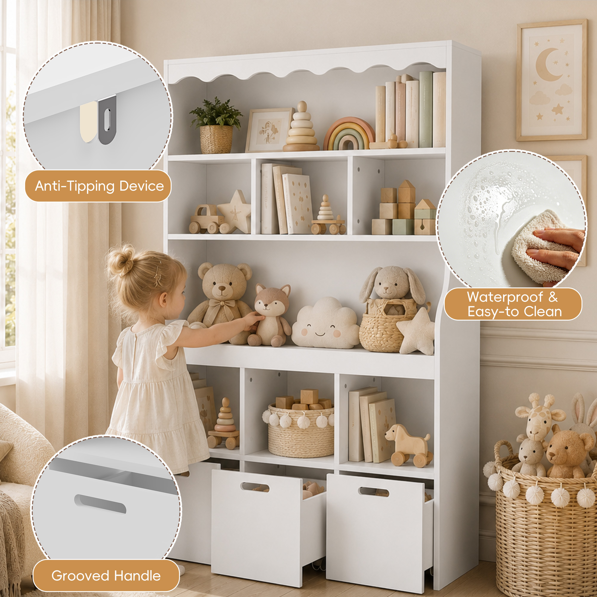 Guqiart Kids Toy Storage Organizer with Book Display Rack, 5-Tier Shelving Unit with Storage Bins, Large Capacity Bookcase for Boys & Girls, White, Perfect for Playroom & Nursery