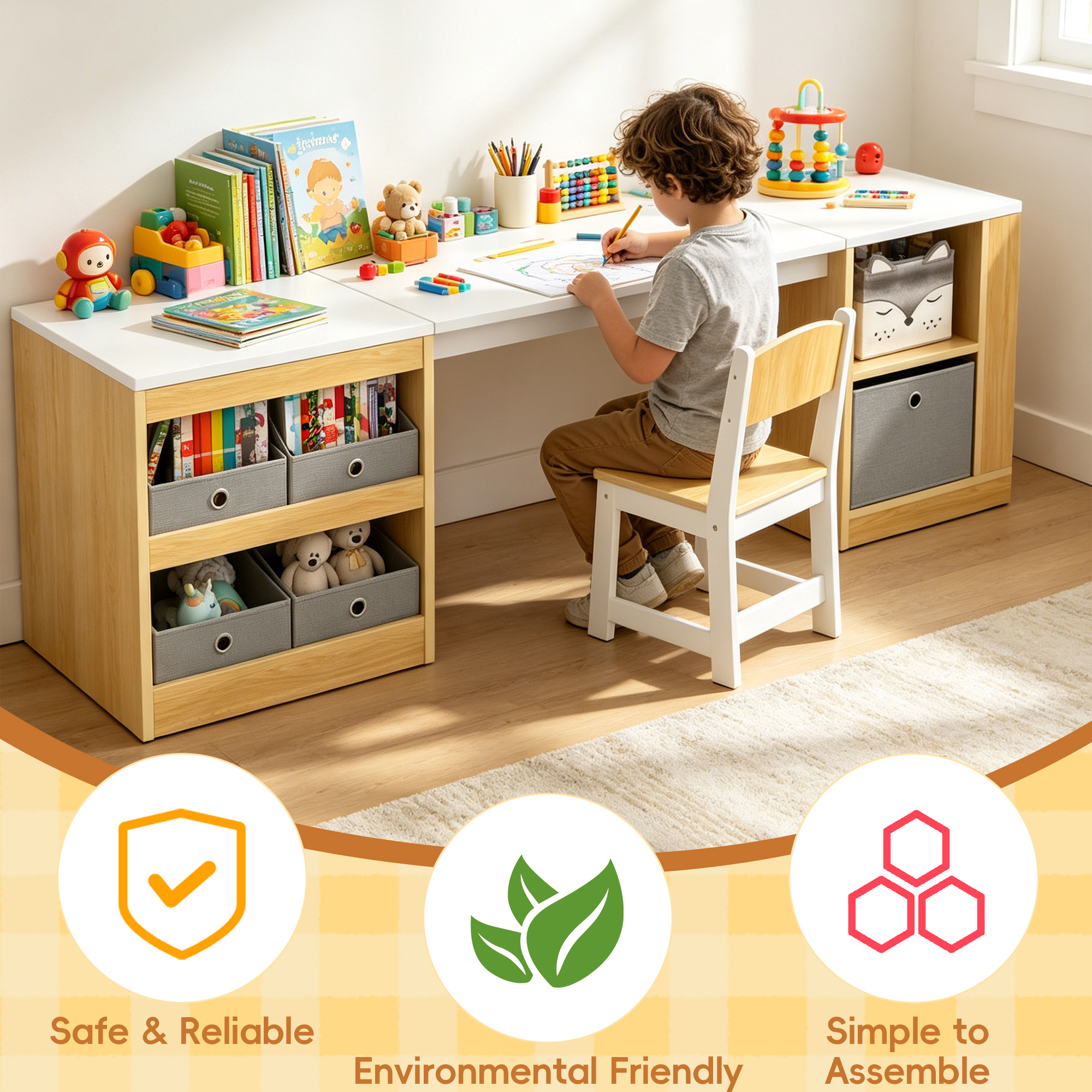 Guqiart Double Kids Desk and Chair Set, 82.7 Inch Wooden 2 Person Study Table with Storage Shelves, 5 Fabric Storage Bins & Side Book Rack, Large Toddler Craft Activity Desk for Bedroom Playroom