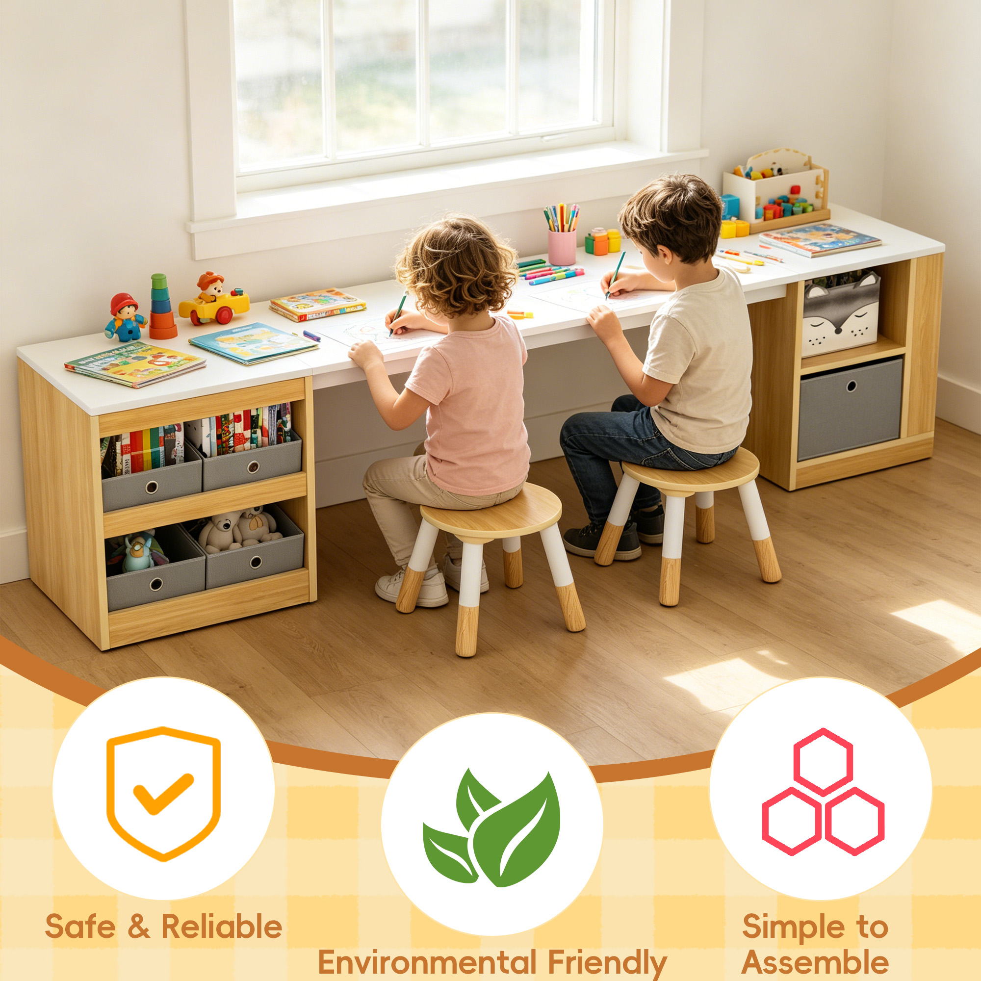 Guqiart Double Kids Wooden Study Desk and Chair Set for Two Children, 82.7" Long Craft Table with Storage Shelves, Fabric Bins and Side Book Rack