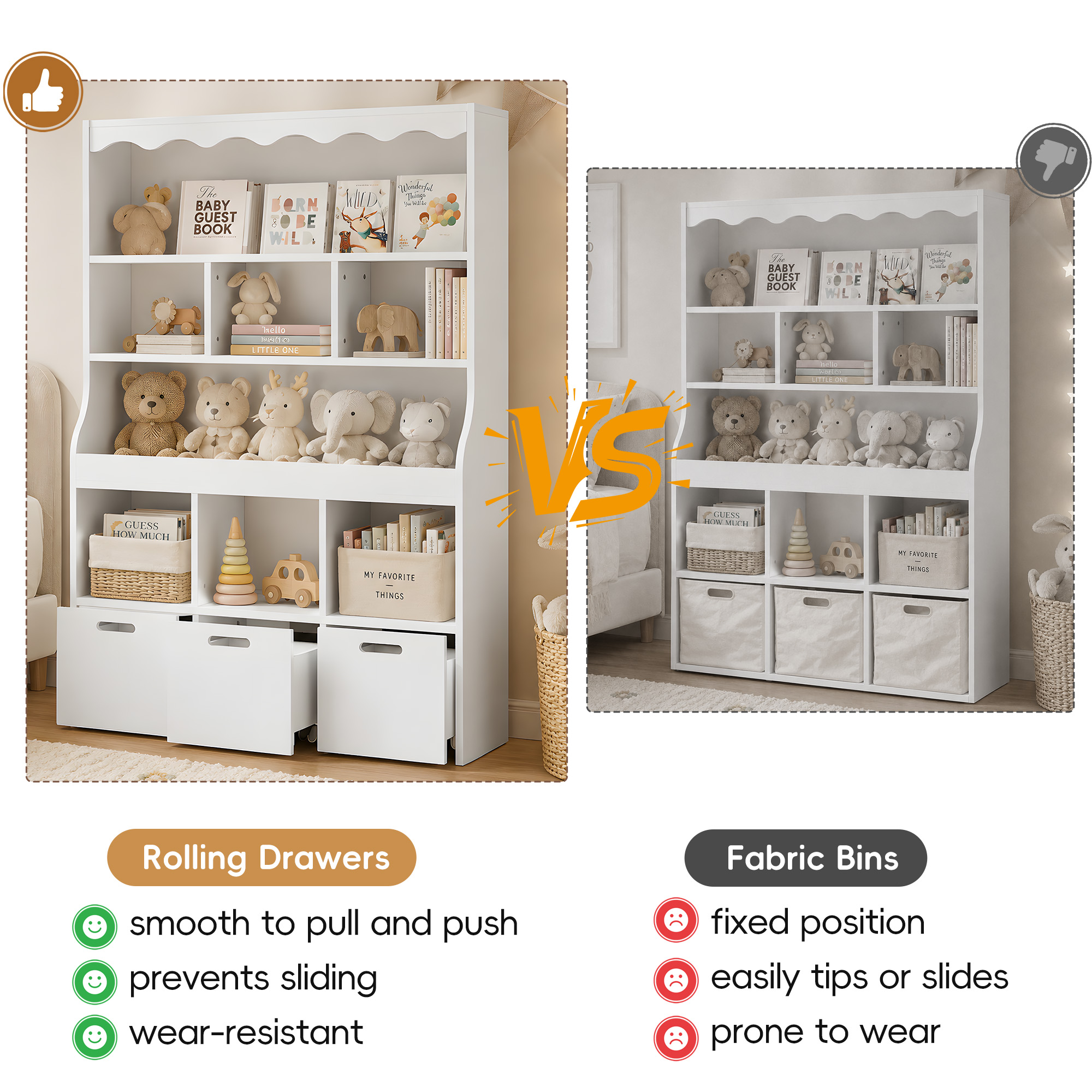 Guqiart Kids Toy Storage Organizer with Book Display Rack, 5-Tier Shelving Unit with Storage Bins, Large Capacity Bookcase for Boys & Girls, White, Perfect for Playroom & Nursery