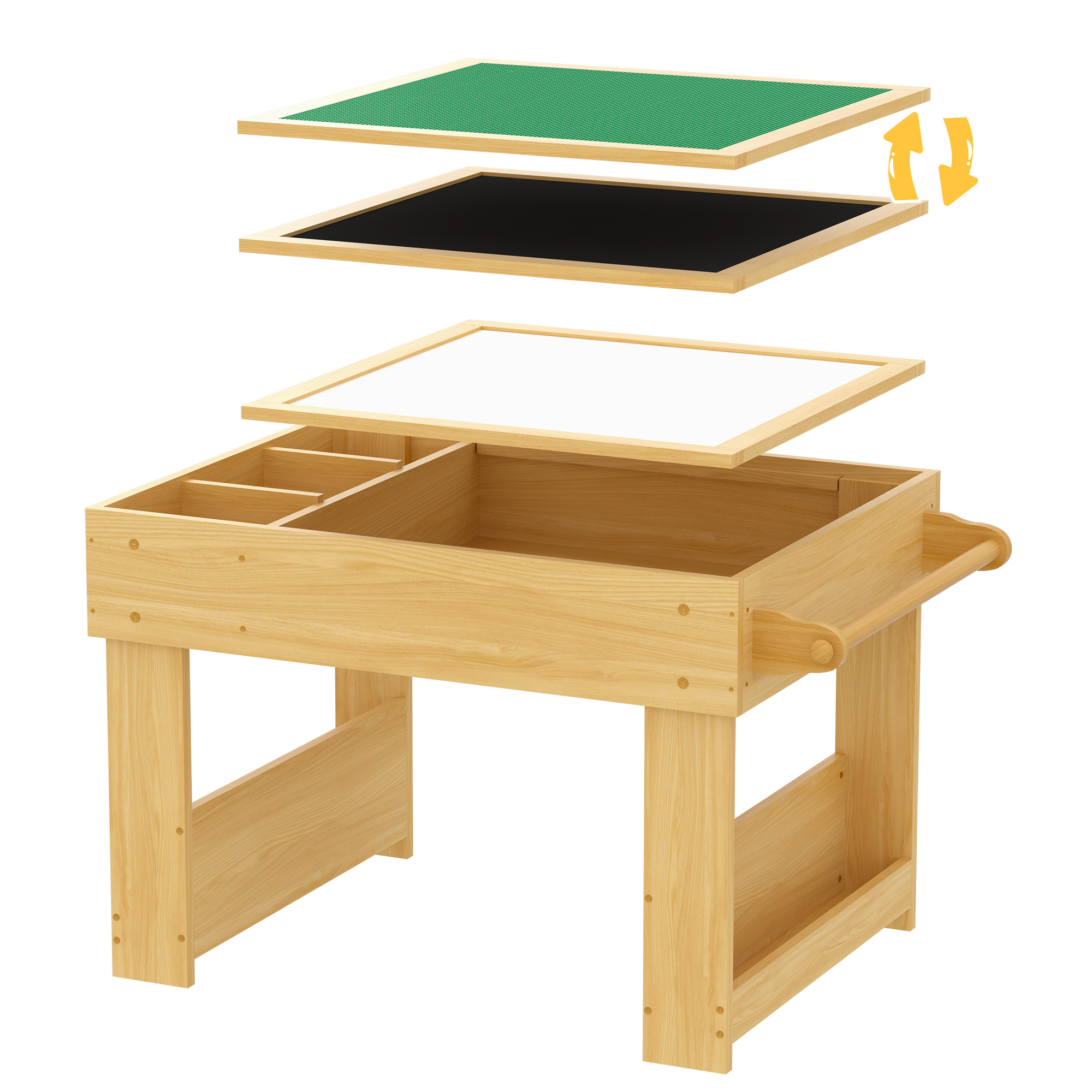 Guqiart 5-in-1 Kids Reversible Activity Desk, Sand Art Building Block Blackboard Paper Roll Storage Bookshelf Sensory LED Light Activity Table, Natural