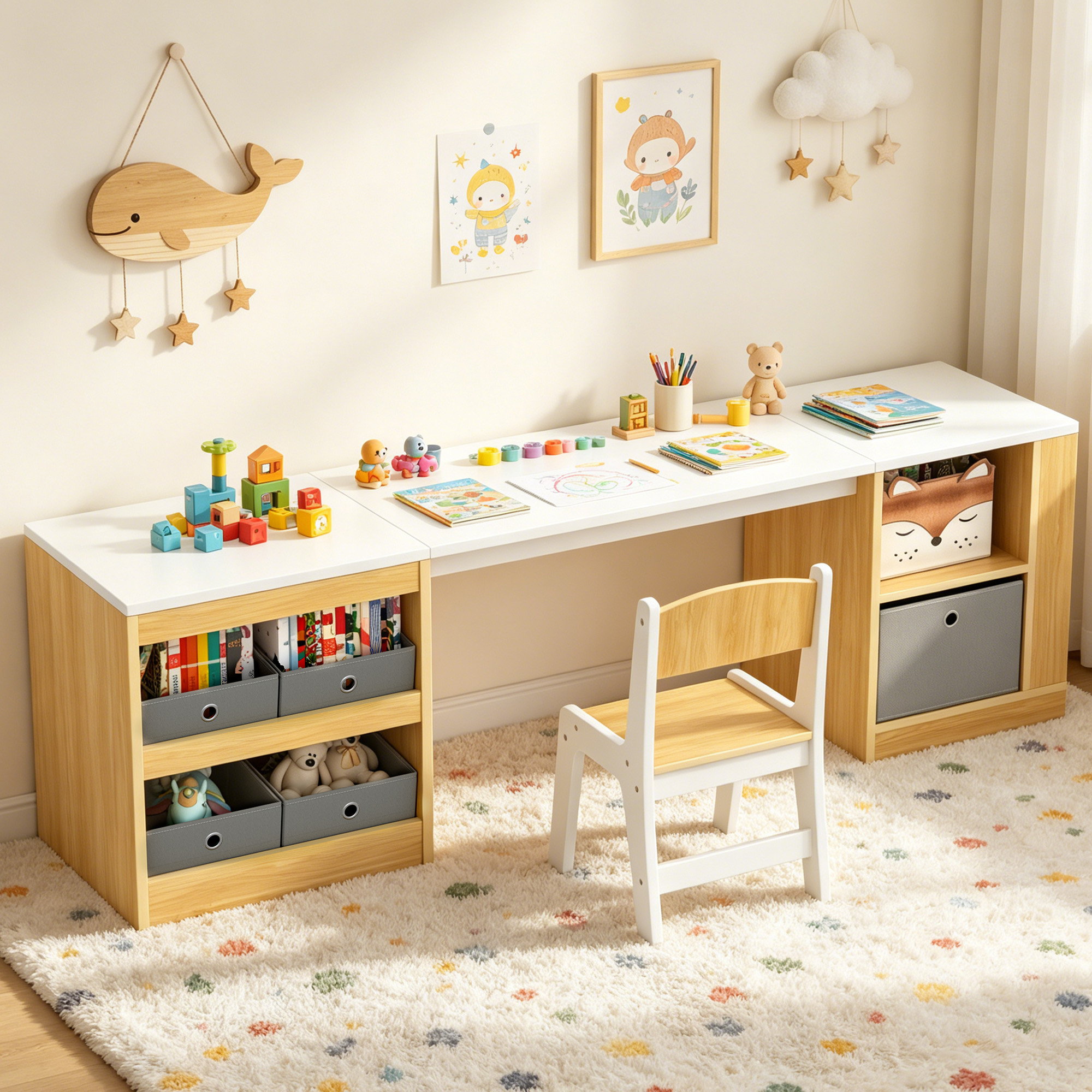 Guqiart Double Kids Desk and Chair Set, 82.7 Inch Wooden 2 Person Study Table with Storage Shelves, 5 Fabric Storage Bins & Side Book Rack, Large Toddler Craft Activity Desk for Bedroom Playroom