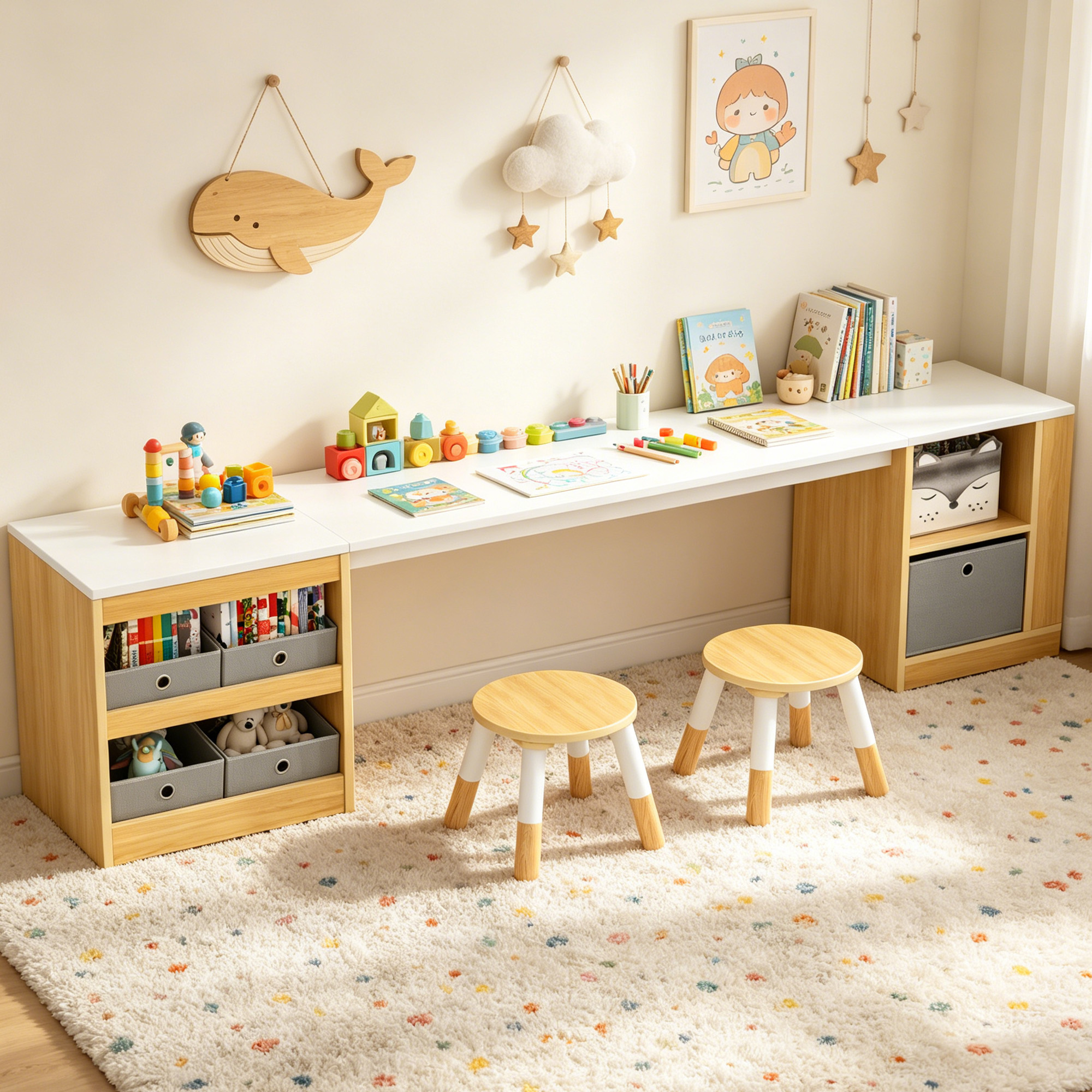 Guqiart Double Kids Wooden Study Desk and Chair Set for Two Children, 82.7" Long Craft Table with Storage Shelves, Fabric Bins and Side Book Rack