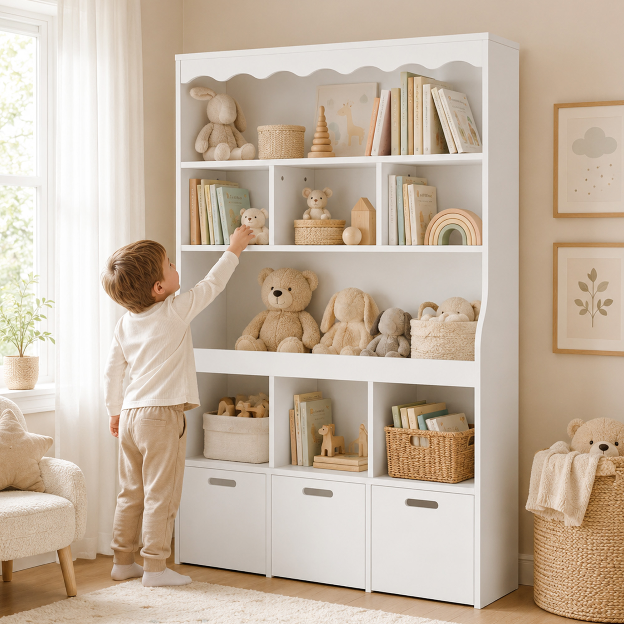 Guqiart Kids Toy Storage Organizer with Book Display Rack, 5-Tier Shelving Unit with Storage Bins, Large Capacity Bookcase for Boys & Girls, White, Perfect for Playroom & Nursery
