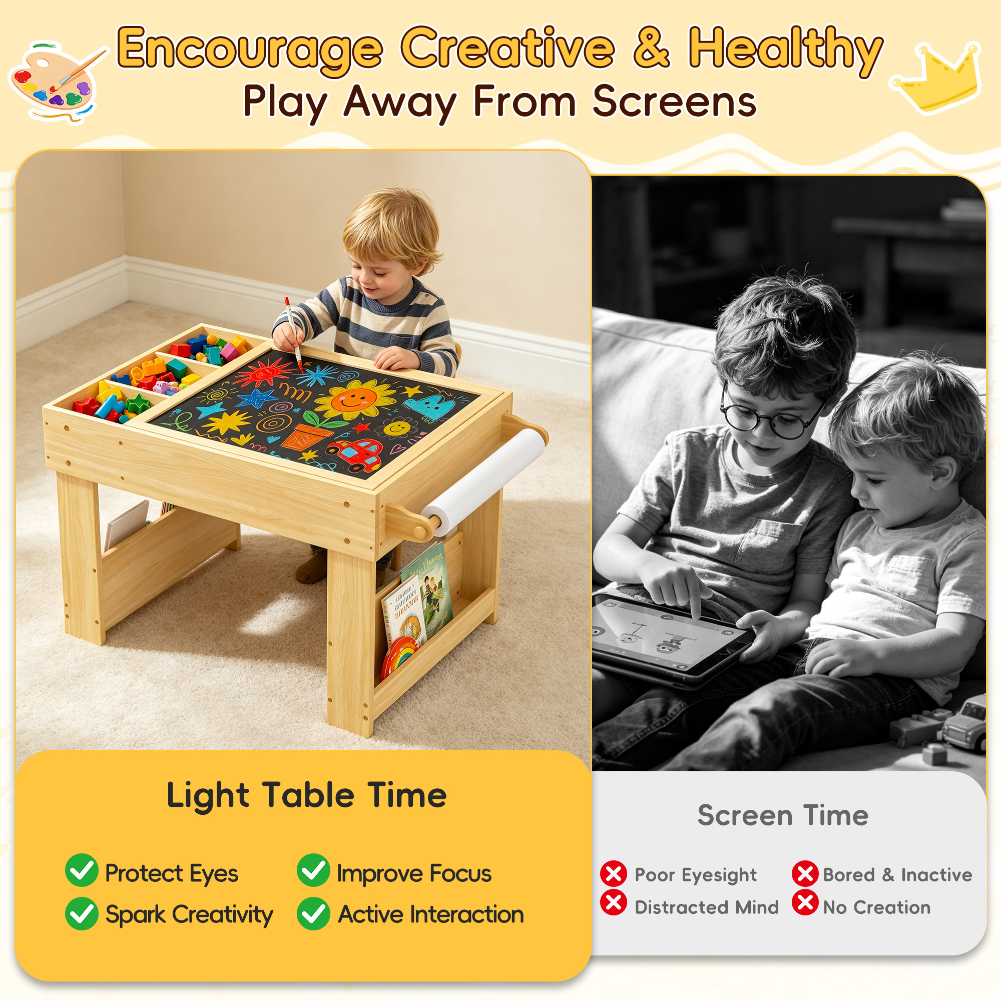 Guqiart 5-in-1 Kids Reversible Activity Desk, Sand Art Building Block Blackboard Paper Roll Storage Bookshelf Sensory LED Light Activity Table, Natural