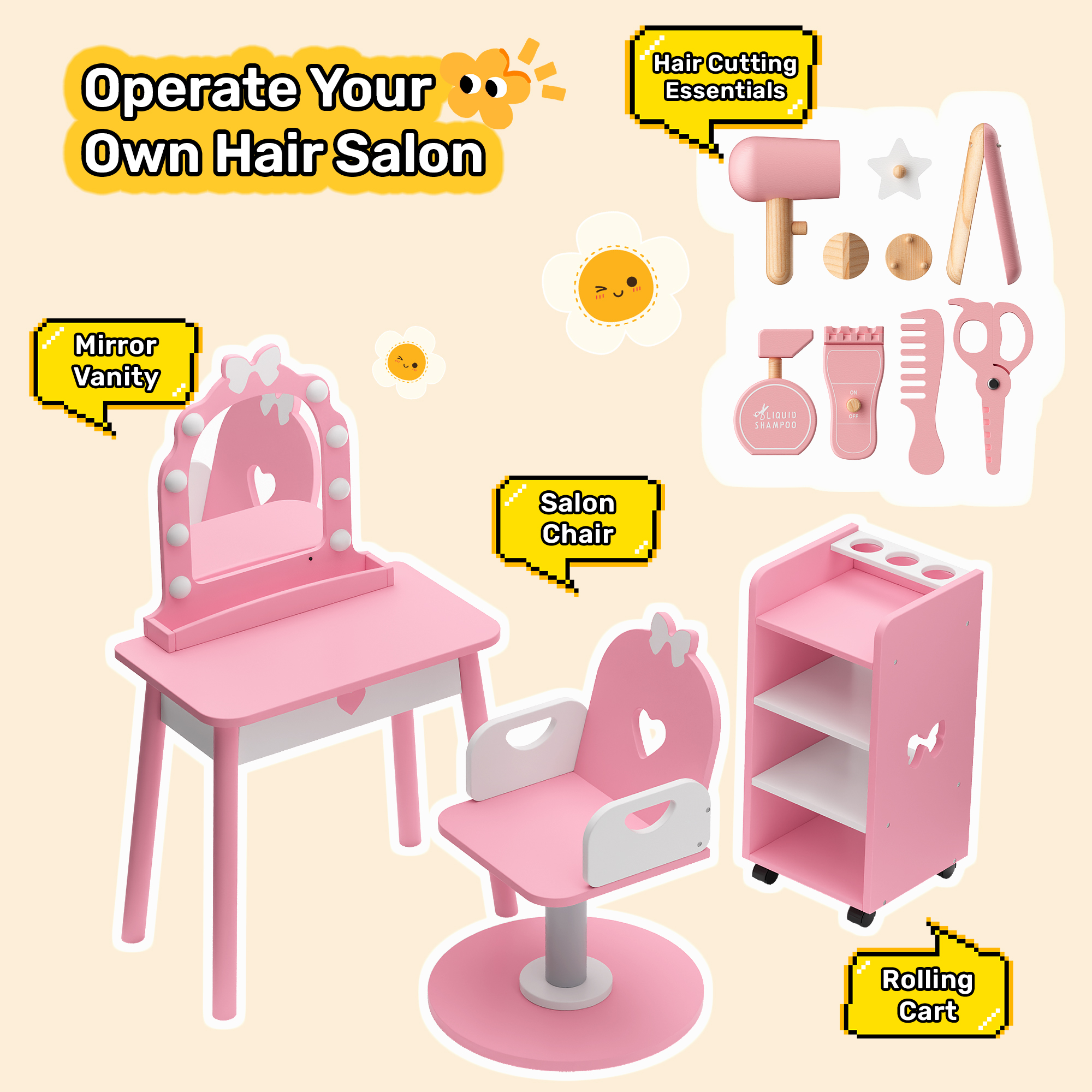Guqiart Girls Pretend Vanity Set, Pink Makeup Dressing Table with Light, Barber Chair, Storage Shelf and 7 Pcs Hair Salon Play Accessories