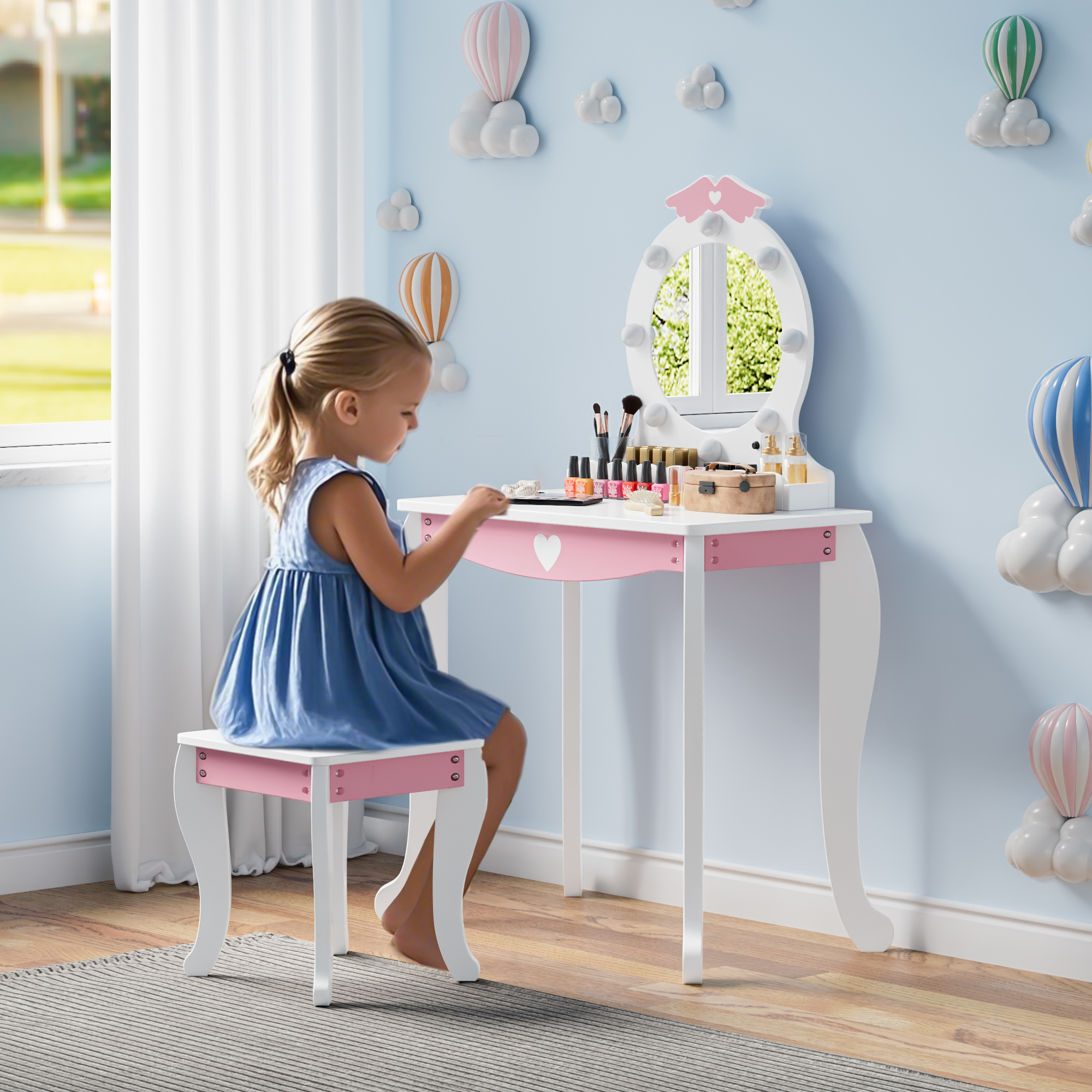 Kids Vanity Set with Lighted Mirror and Stool, Kids Make Up Vanity Desk with Storage Space