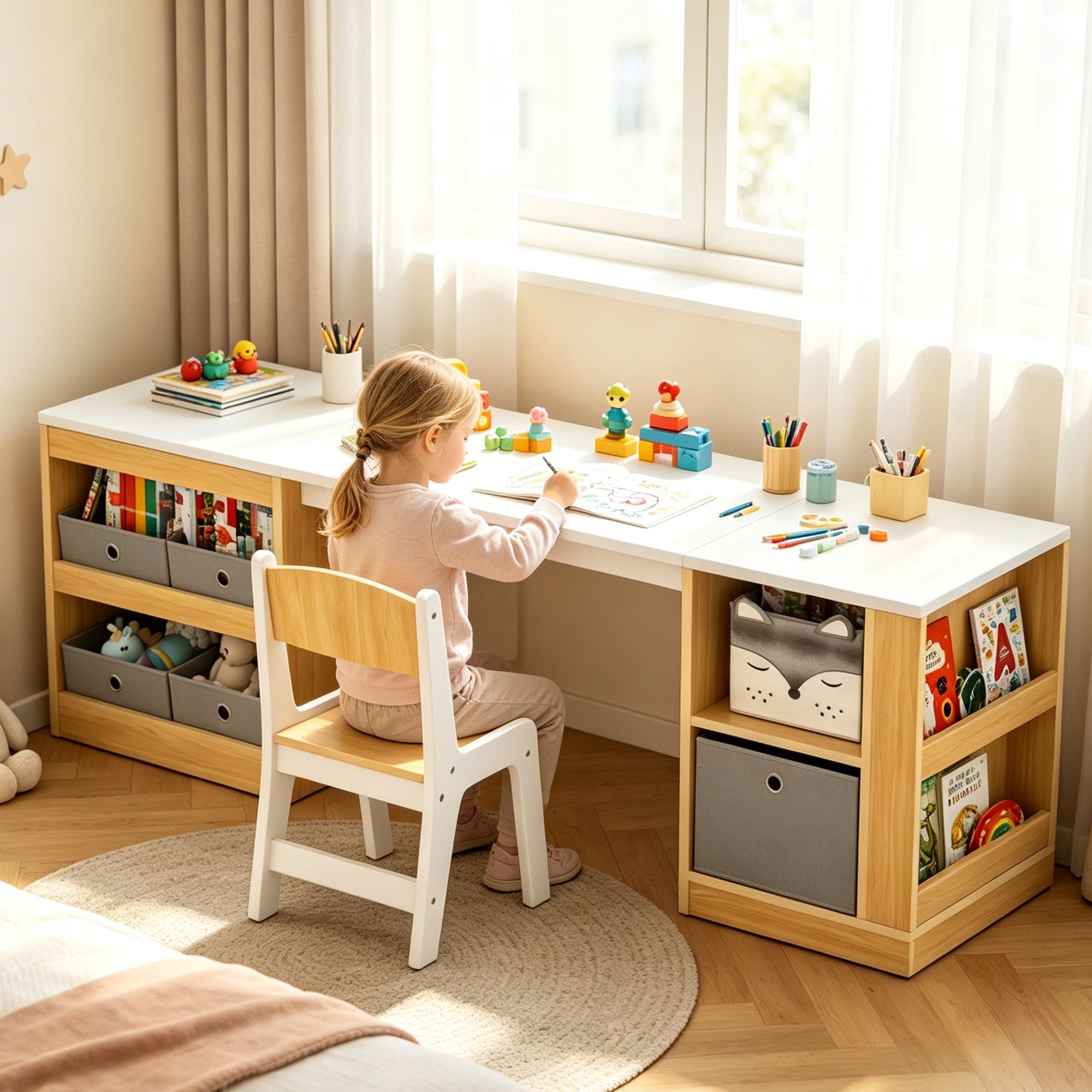 Guqiart Double Kids Desk and Chair Set, 82.7 Inch Wooden 2 Person Study Table with Storage Shelves, 5 Fabric Storage Bins & Side Book Rack, Large Toddler Craft Activity Desk for Bedroom Playroom