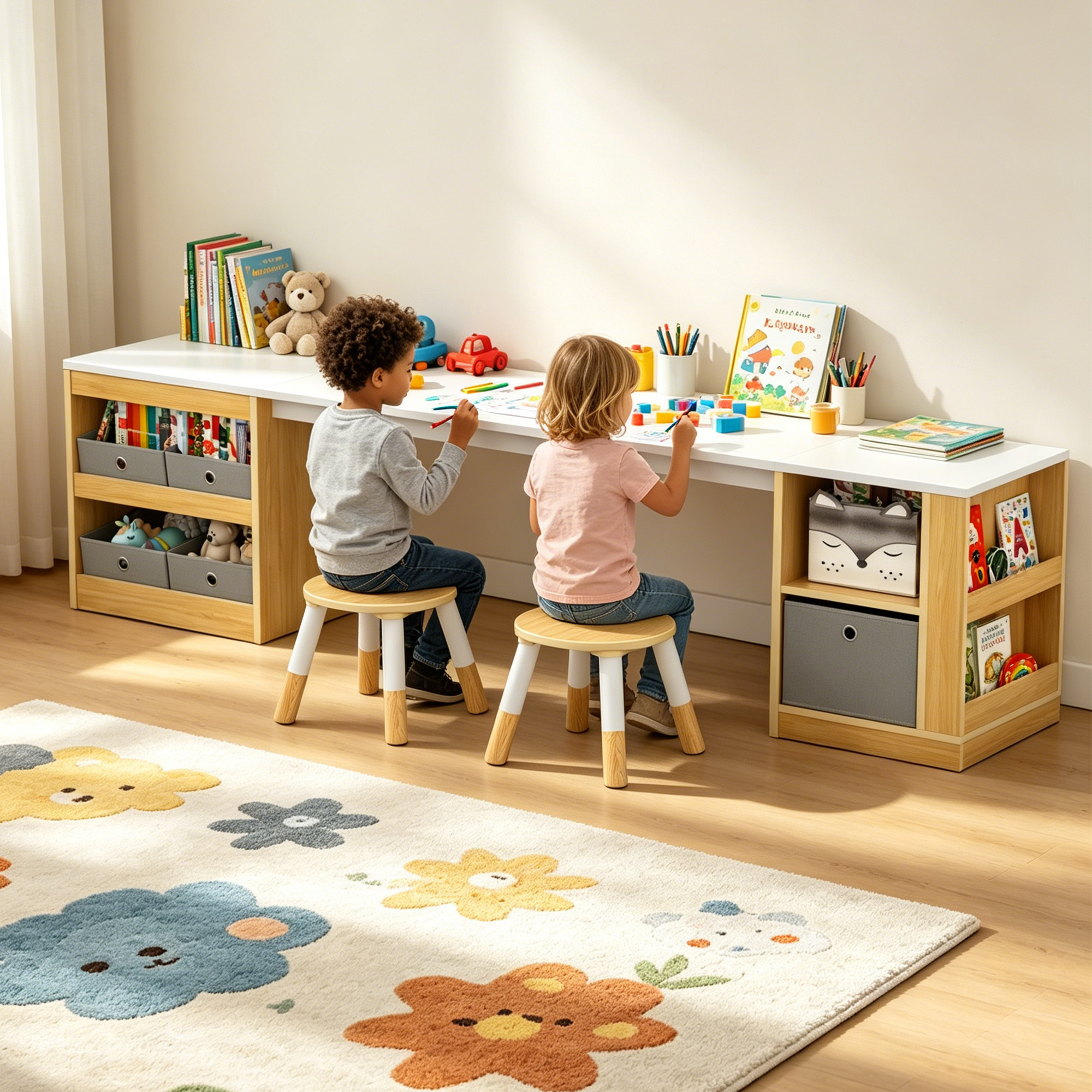 Guqiart Double Kids Wooden Study Desk and Chair Set for Two Children, 82.7" Long Craft Table with Storage Shelves, Fabric Bins and Side Book Rack