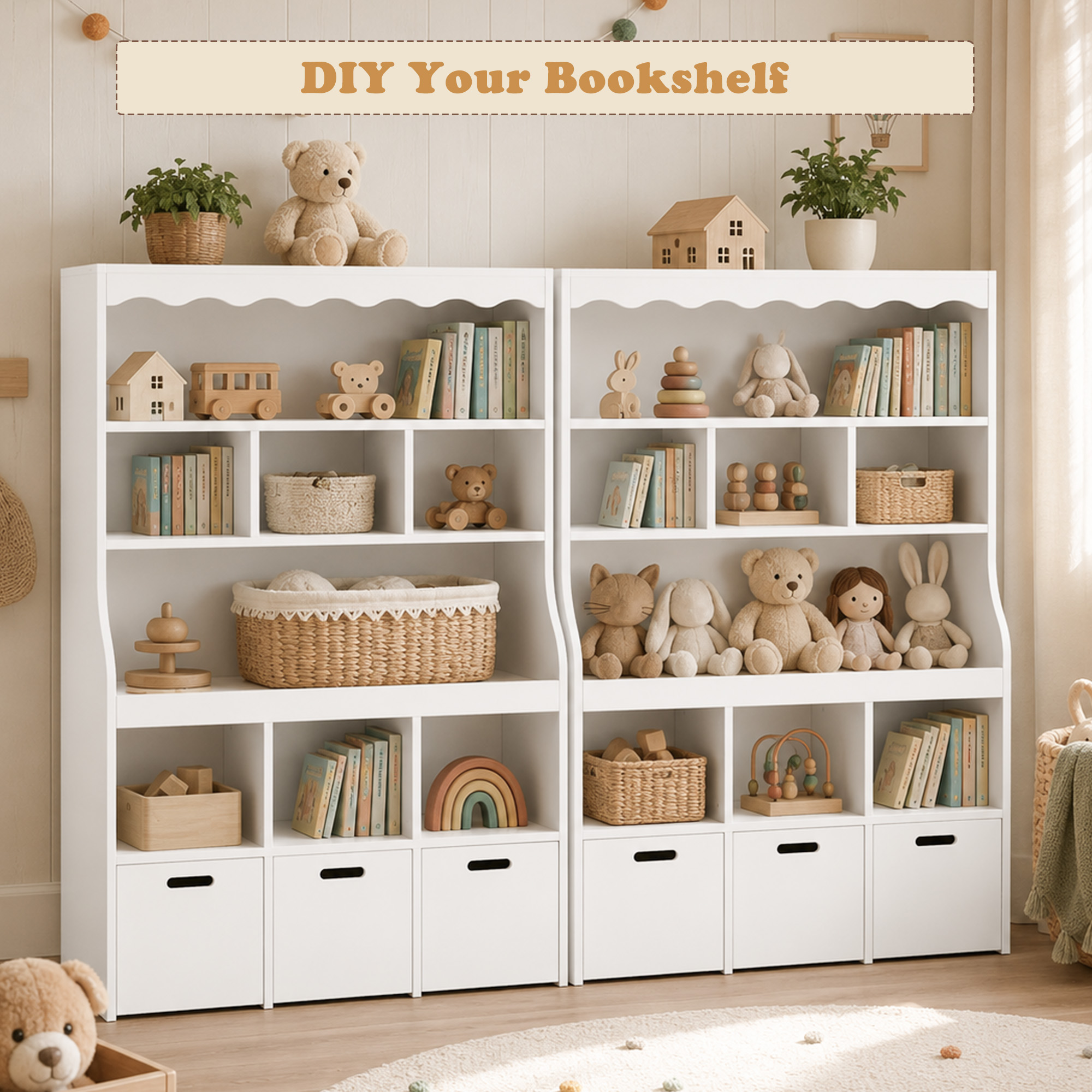 Guqiart Kids Toy Storage Organizer with Book Display Rack, 5-Tier Shelving Unit with Storage Bins, Large Capacity Bookcase for Boys & Girls, White, Perfect for Playroom & Nursery