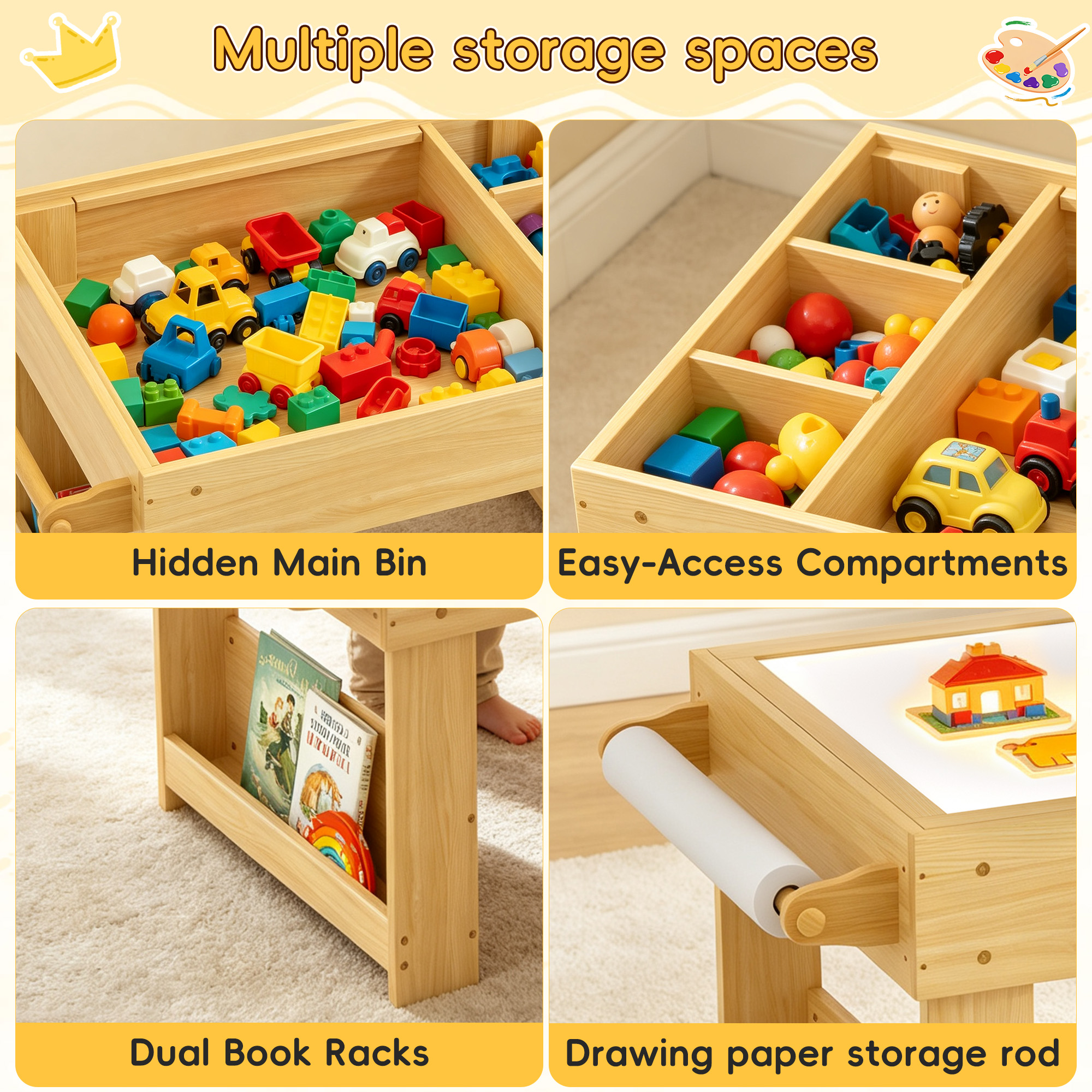 Guqiart 5-in-1 Kids Reversible Activity Desk, Sand Art Building Block Blackboard Paper Roll Storage Bookshelf Sensory LED Light Activity Table, Natural