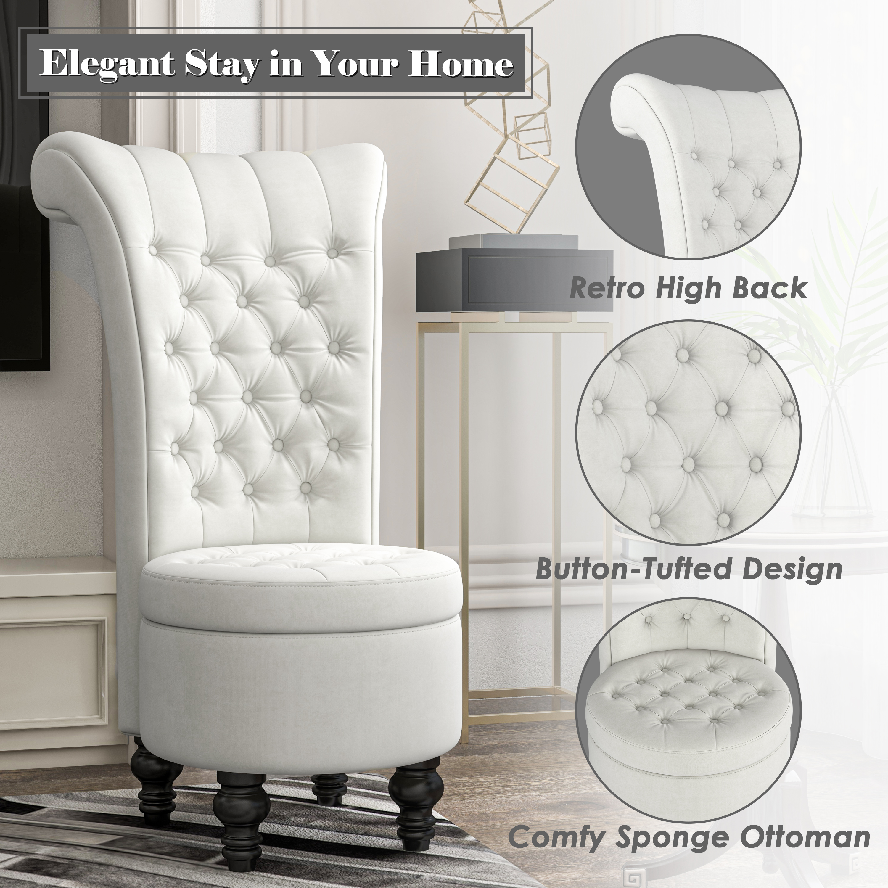 Guqiart Velvet Upholstered Accent Chair with Storage, High Back Throne Vanity Seat, Tufted Armless Living Room Chair, Bedroom Lounge Furniture with Hidden Compartment