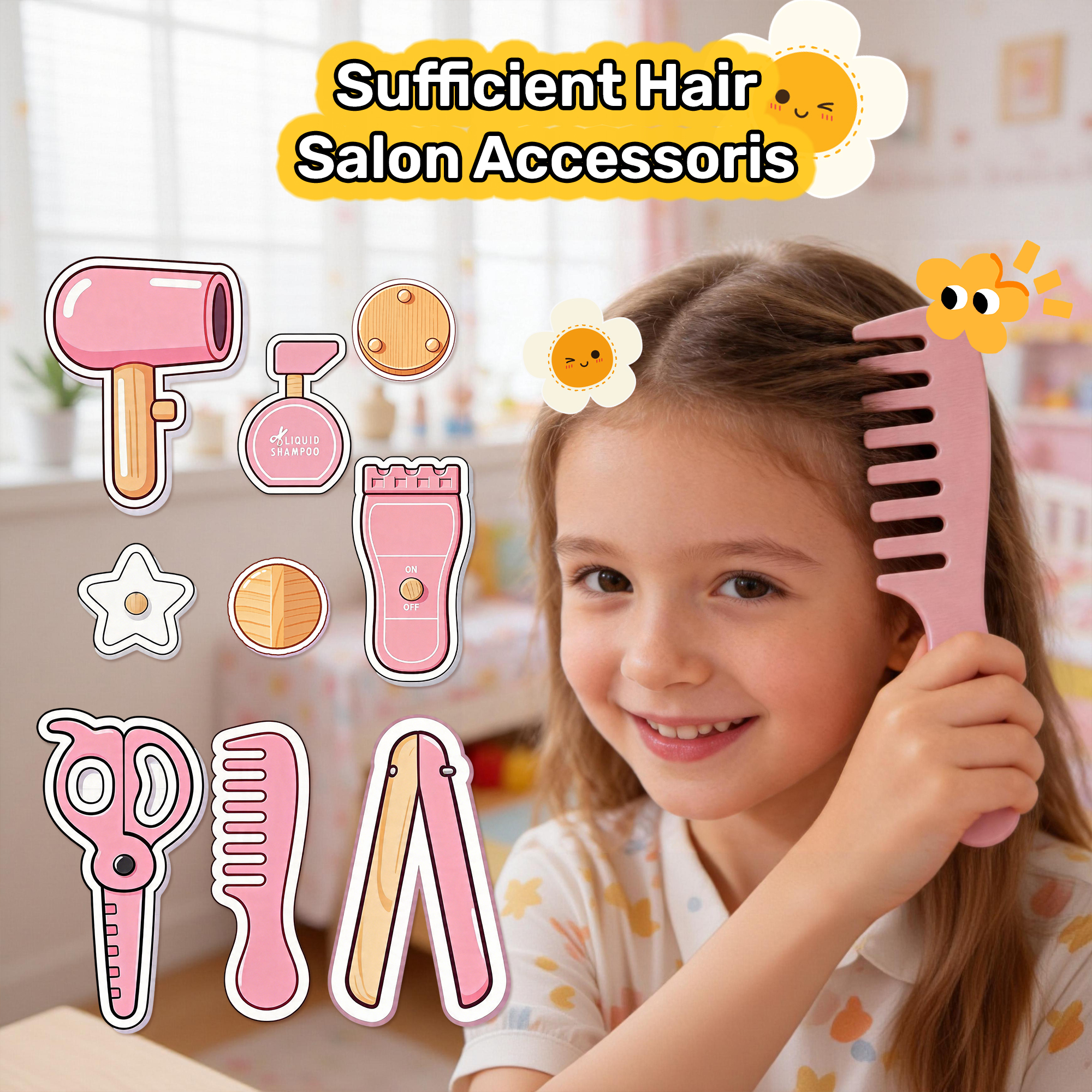 Guqiart Girls Pretend Vanity Set, Pink Makeup Dressing Table with Light, Barber Chair, Storage Shelf and 7 Pcs Hair Salon Play Accessories