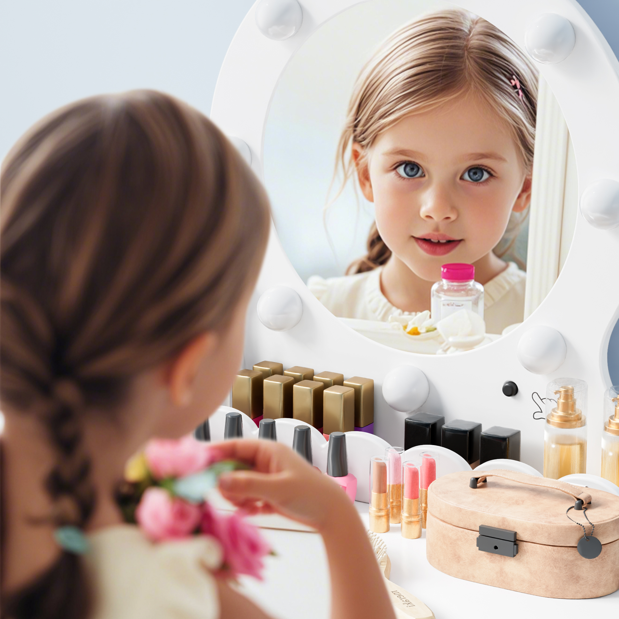 Kids Vanity Set with Lighted Mirror and Stool, Kids Make Up Vanity Desk with Storage Space
