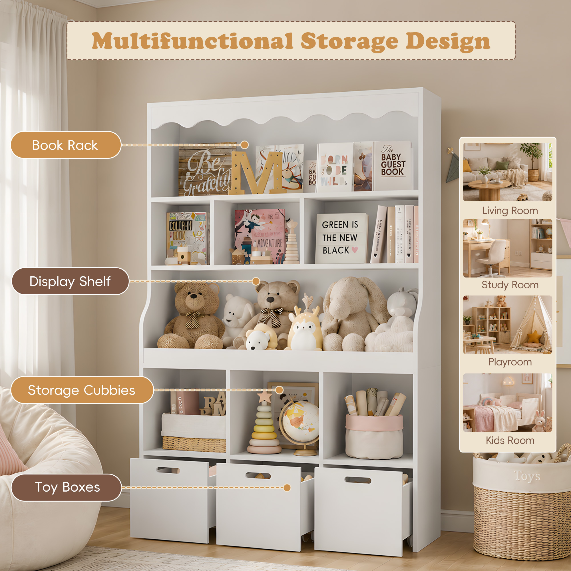 Guqiart Kids Toy Storage Organizer with Book Display Rack, 5-Tier Shelving Unit with Storage Bins, Large Capacity Bookcase for Boys & Girls, White, Perfect for Playroom & Nursery