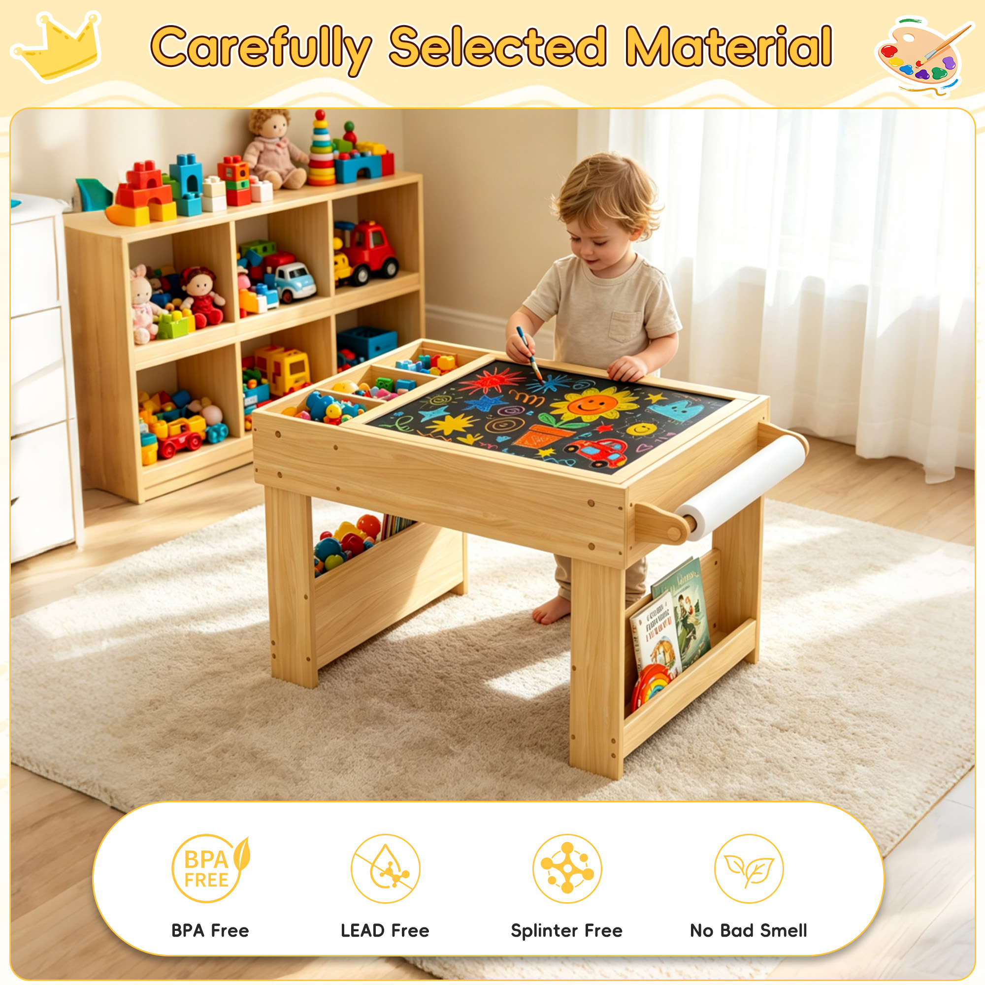 Guqiart 5-in-1 Kids Reversible Activity Desk, Sand Art Building Block Blackboard Paper Roll Storage Bookshelf Sensory LED Light Activity Table, Natural