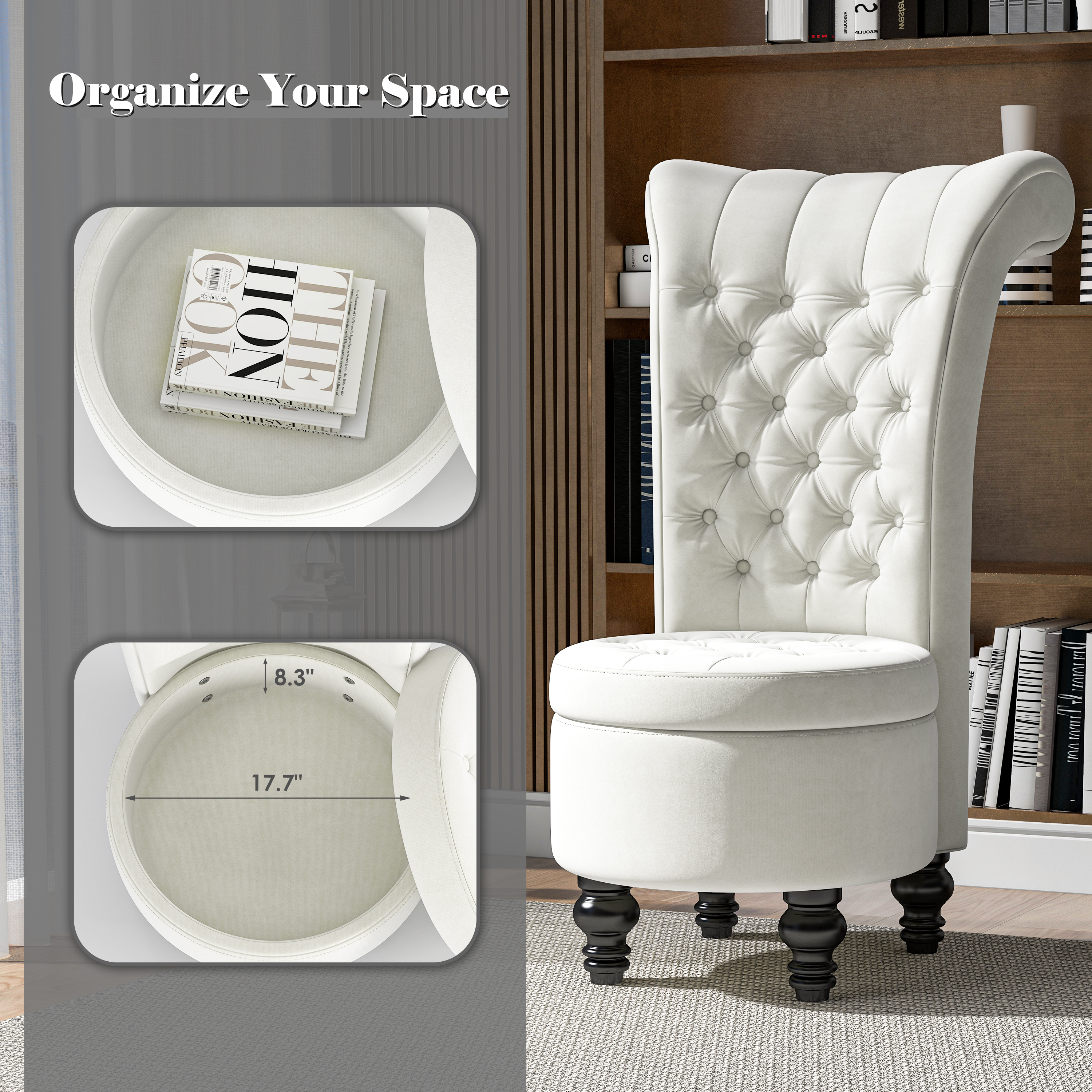Guqiart Velvet Upholstered Accent Chair with Storage, High Back Throne Vanity Seat, Tufted Armless Living Room Chair, Bedroom Lounge Furniture with Hidden Compartment