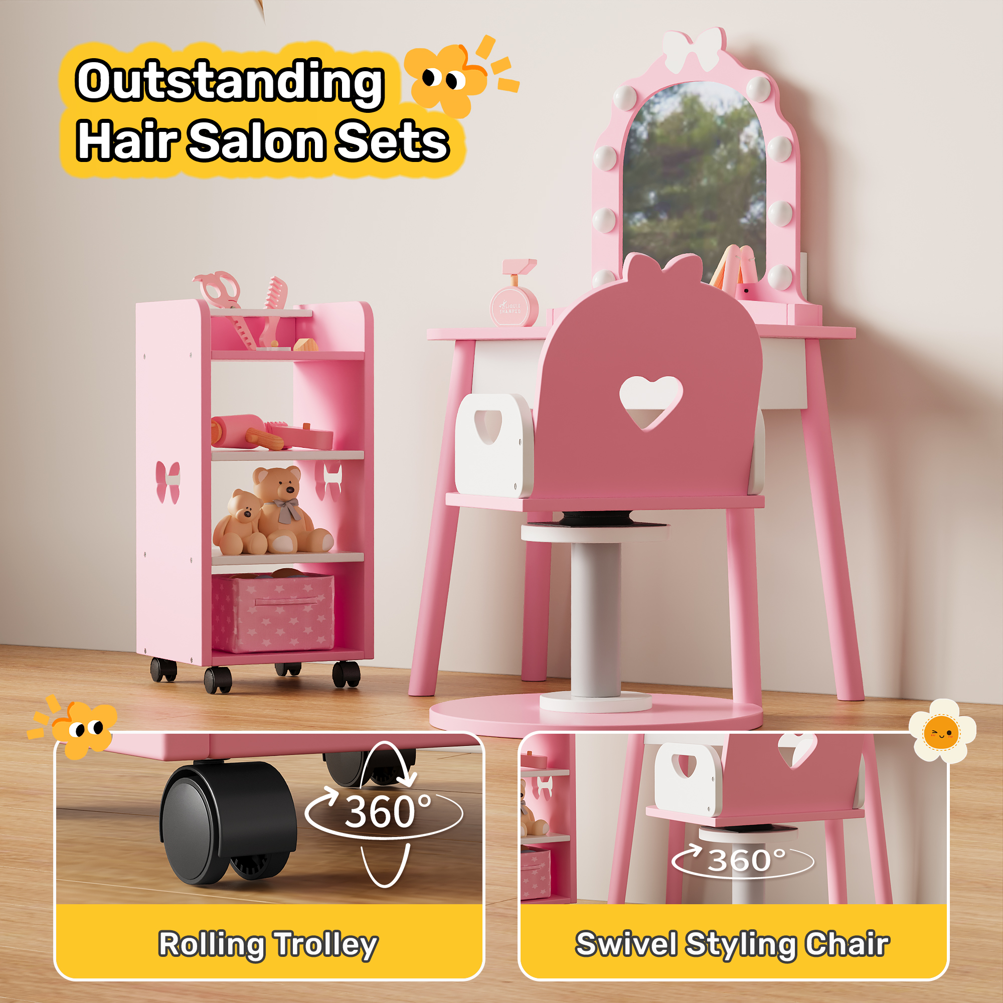 Guqiart Girls Pretend Vanity Set, Pink Makeup Dressing Table with Light, Barber Chair, Storage Shelf and 7 Pcs Hair Salon Play Accessories
