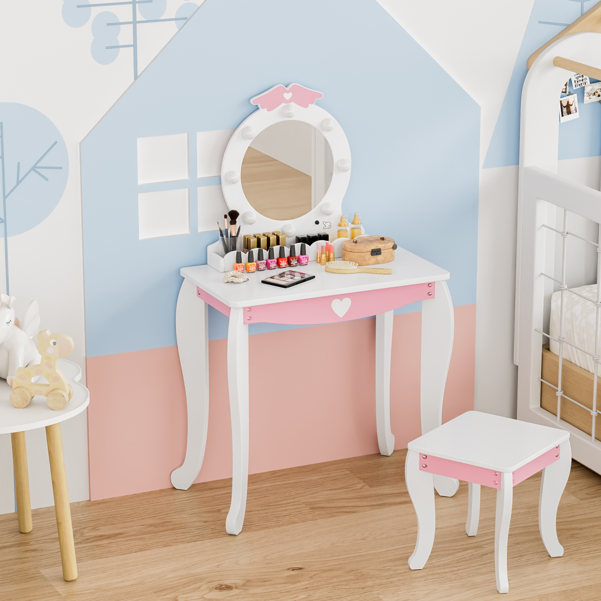 Kids Vanity Set with Lighted Mirror and Stool, Kids Make Up Vanity Desk with Storage Space