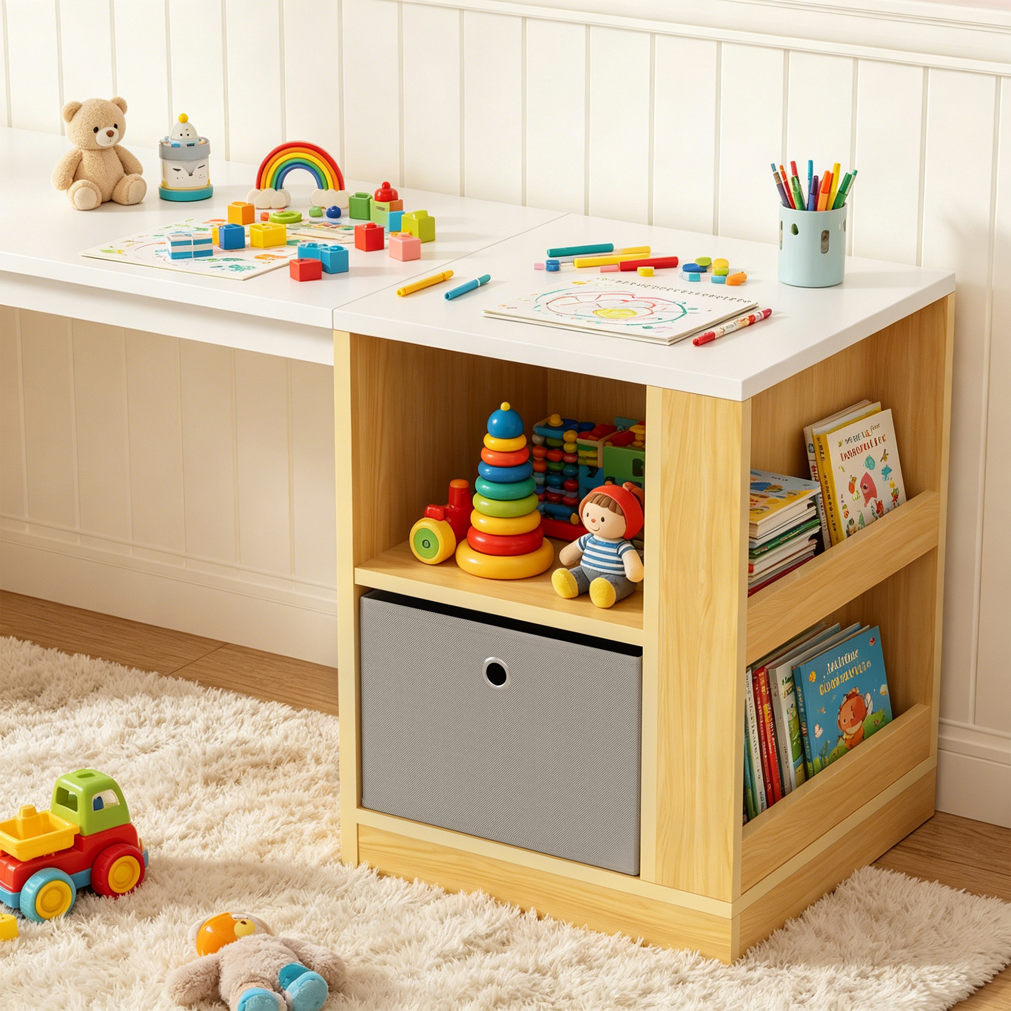 Guqiart Double Kids Wooden Study Desk and Chair Set for Two Children, 82.7" Long Craft Table with Storage Shelves, Fabric Bins and Side Book Rack