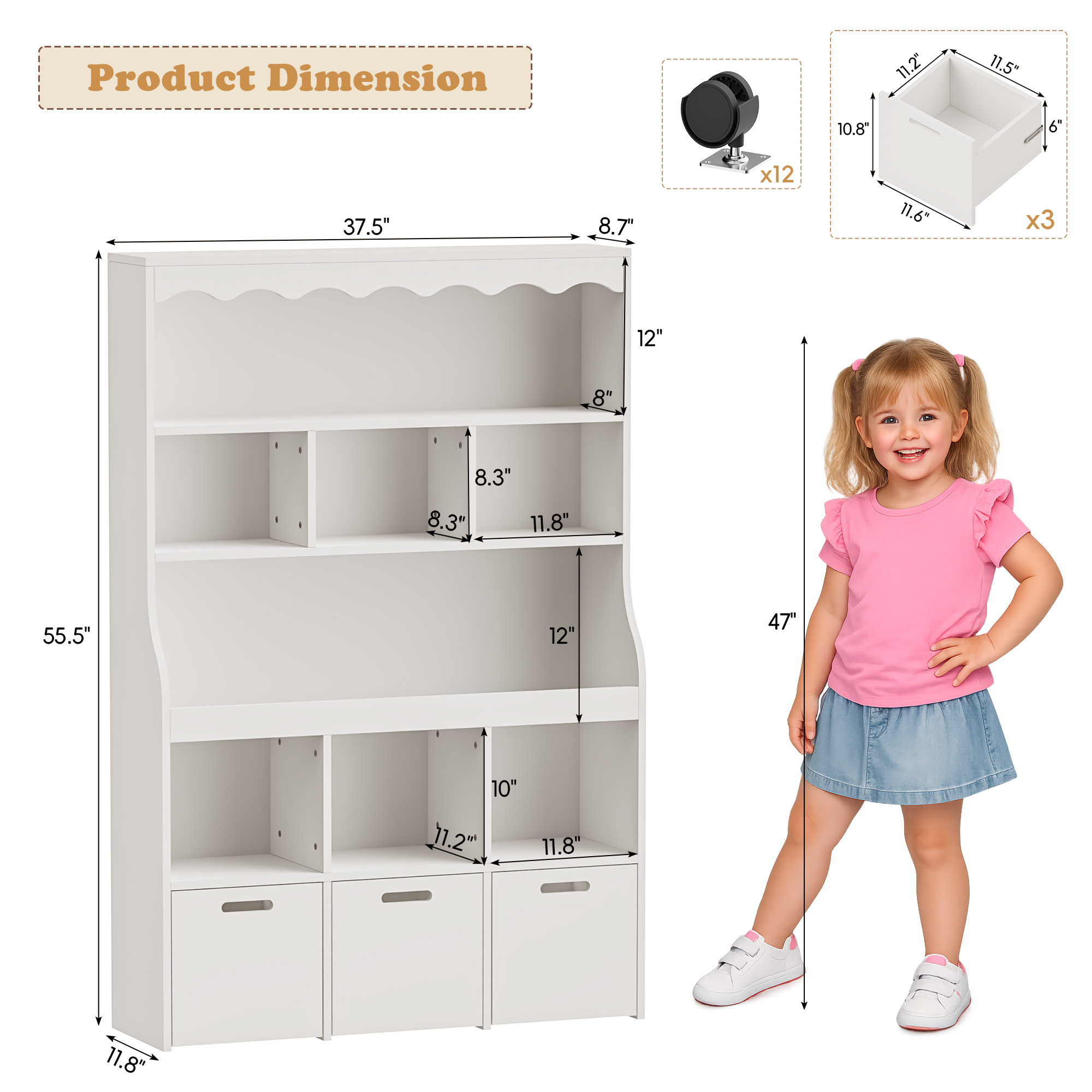 Guqiart Kids Toy Storage Organizer with Book Display Rack, 5-Tier Shelving Unit with Storage Bins, Large Capacity Bookcase for Boys & Girls, White, Perfect for Playroom & Nursery