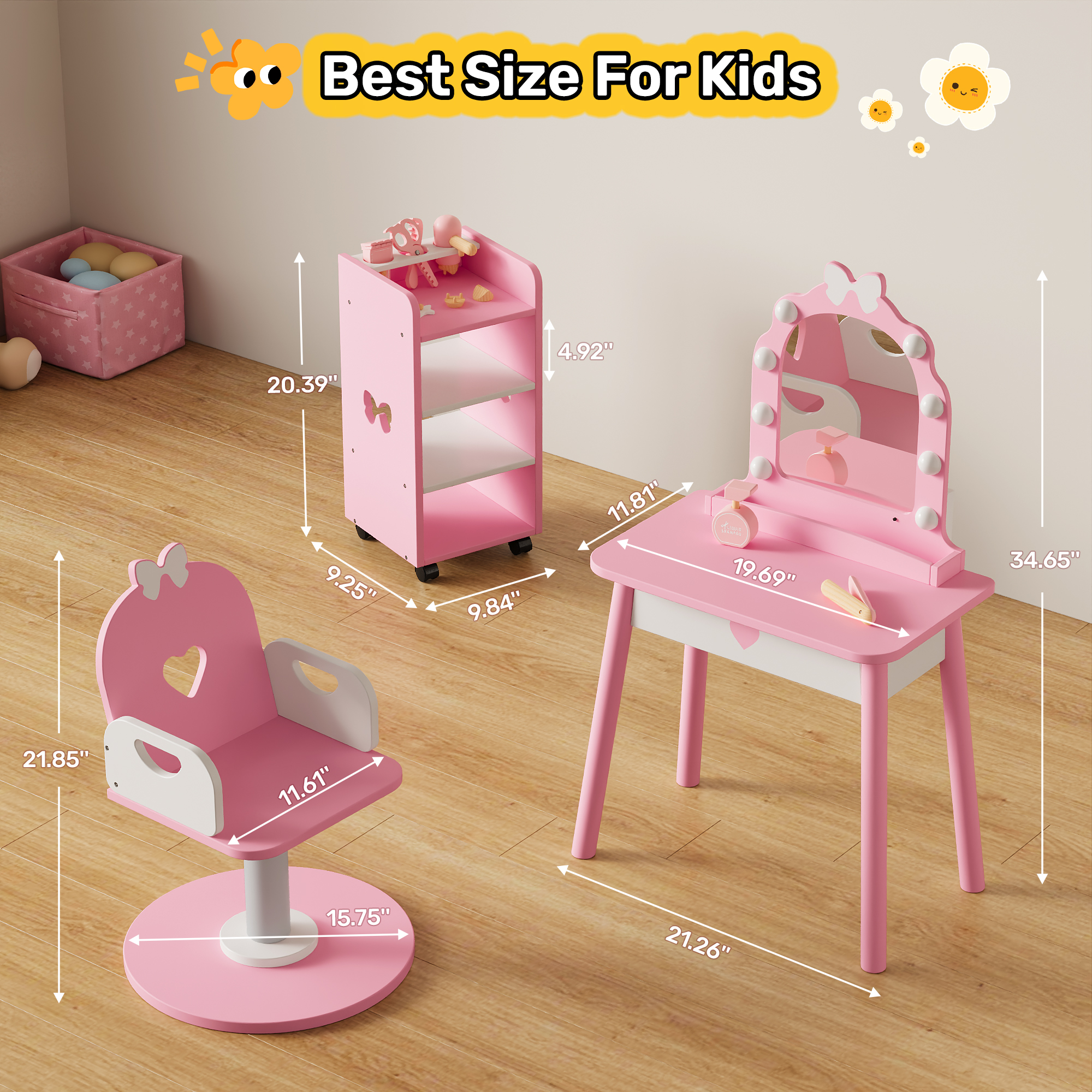 Guqiart Girls Pretend Vanity Set, Pink Makeup Dressing Table with Light, Barber Chair, Storage Shelf and 7 Pcs Hair Salon Play Accessories