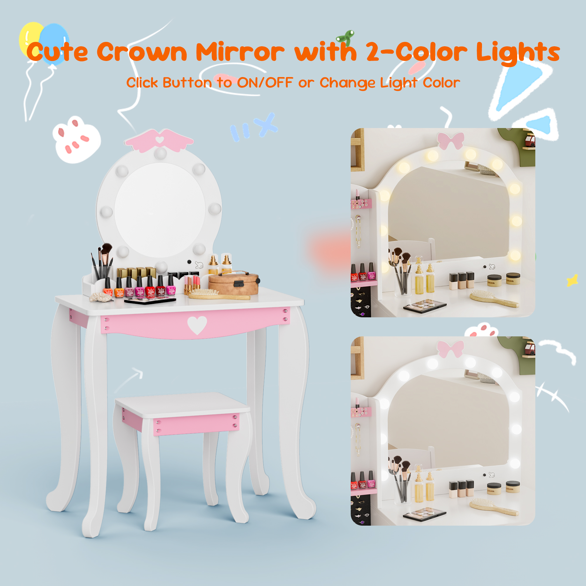 Kids Vanity Set with Lighted Mirror and Stool, Kids Make Up Vanity Desk with Storage Space