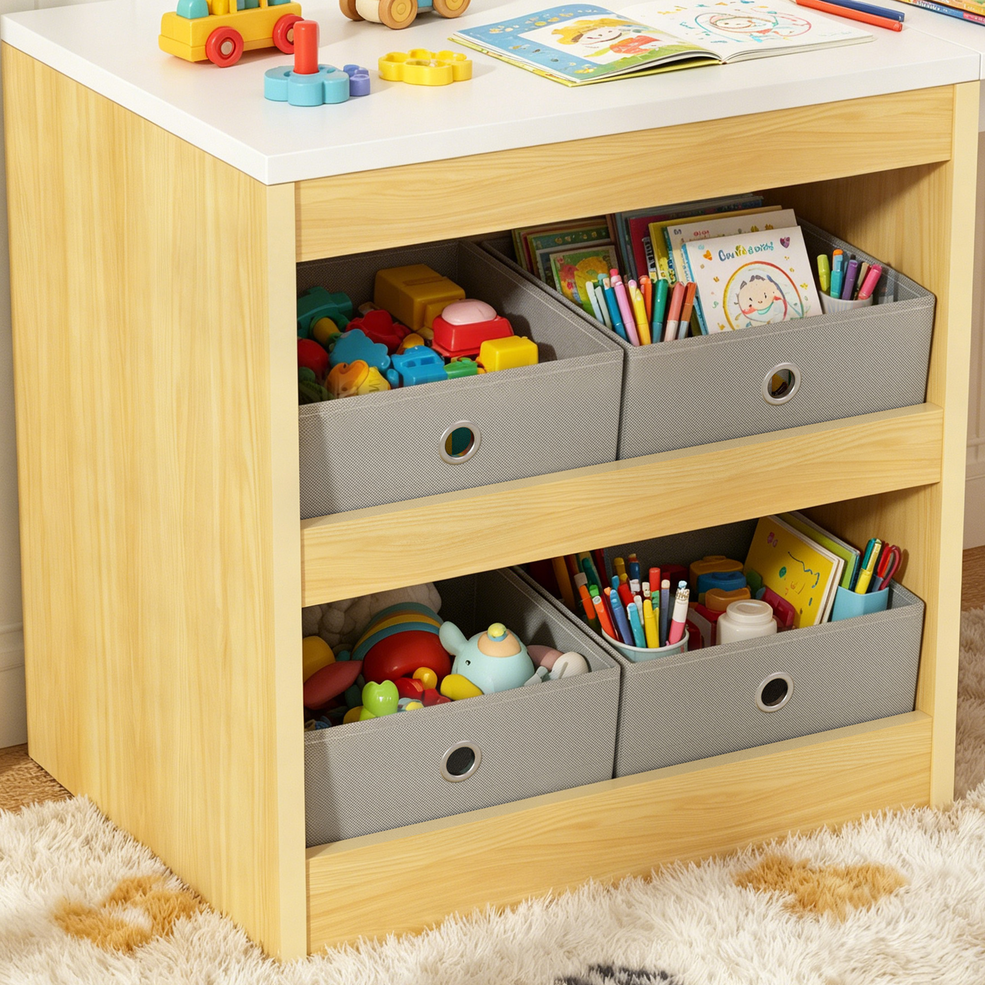 Guqiart Double Kids Wooden Study Desk and Chair Set for Two Children, 82.7" Long Craft Table with Storage Shelves, Fabric Bins and Side Book Rack