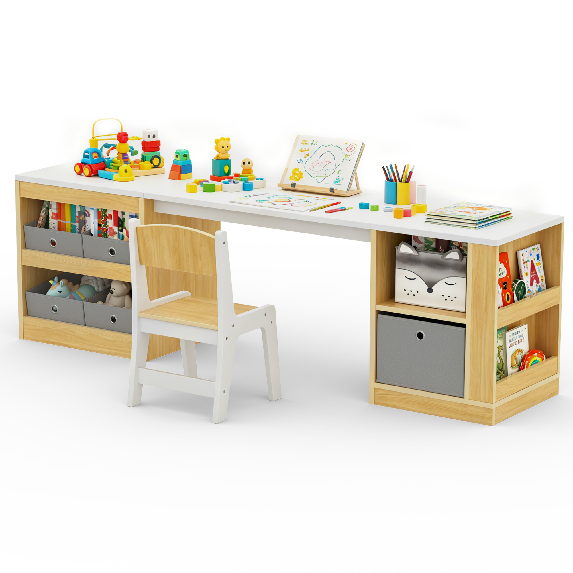 Guqiart Double Kids Desk and Chair Set, 82.7 Inch Wooden 2 Person Study Table with Storage Shelves, 5 Fabric Storage Bins & Side Book Rack, Large Toddler Craft Activity Desk for Bedroom Playroom