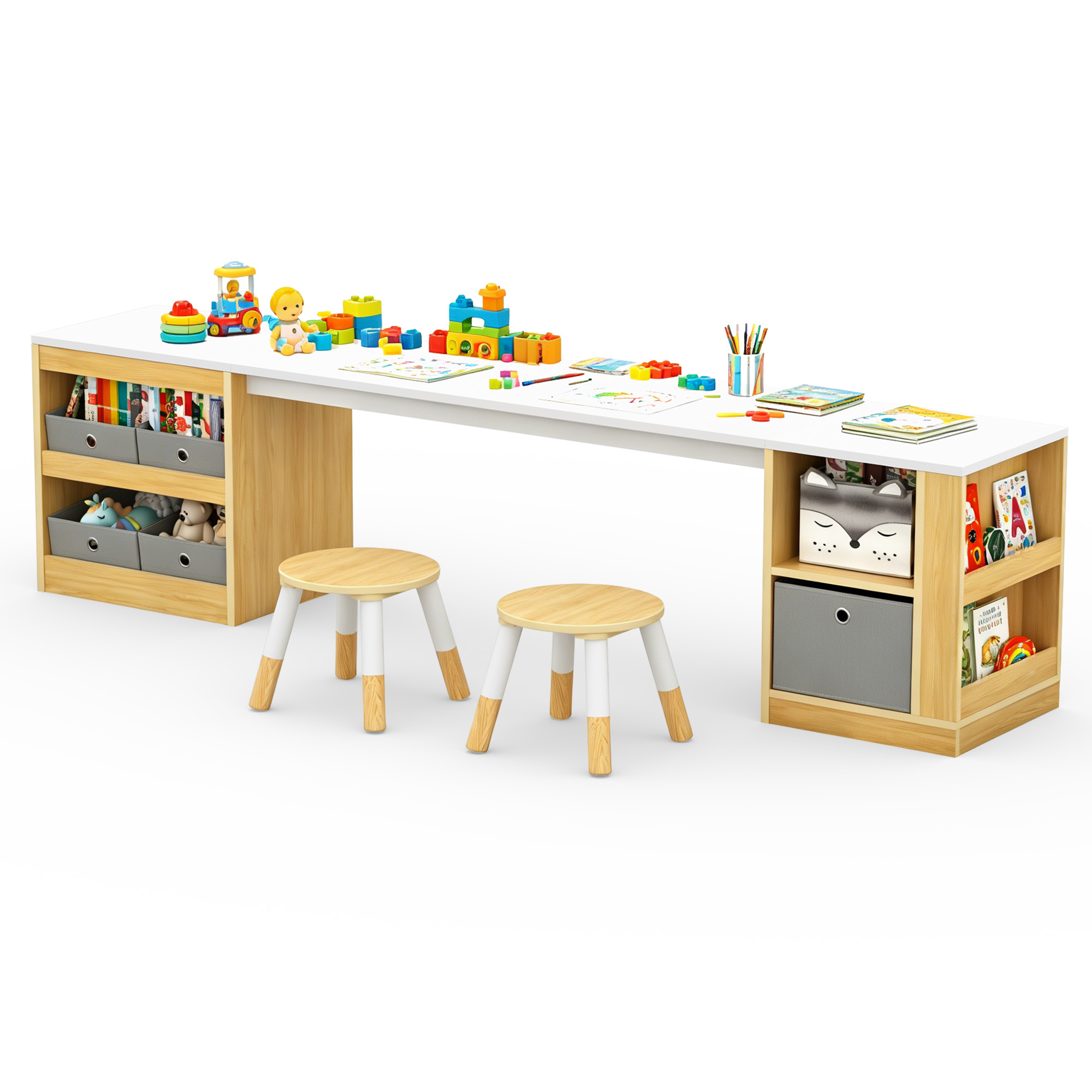 Guqiart Double Kids Wooden Study Desk and Chair Set for Two Children, 82.7" Long Craft Table with Storage Shelves, Fabric Bins and Side Book Rack