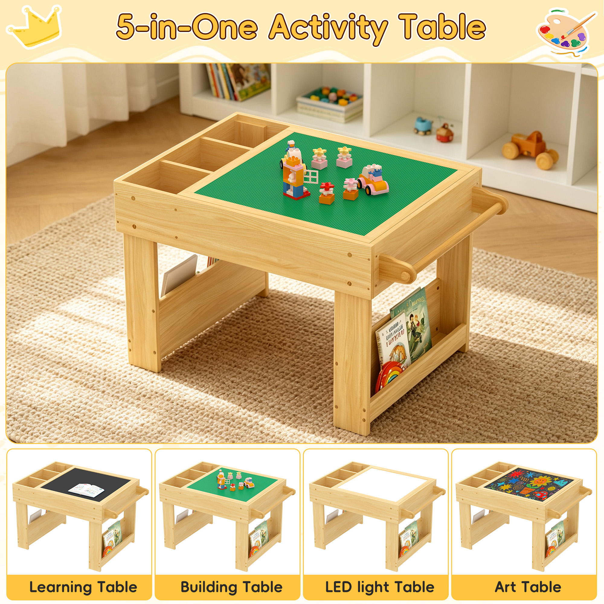Guqiart 5-in-1 Kids Reversible Activity Desk, Sand Art Building Block Blackboard Paper Roll Storage Bookshelf Sensory LED Light Activity Table, Natural
