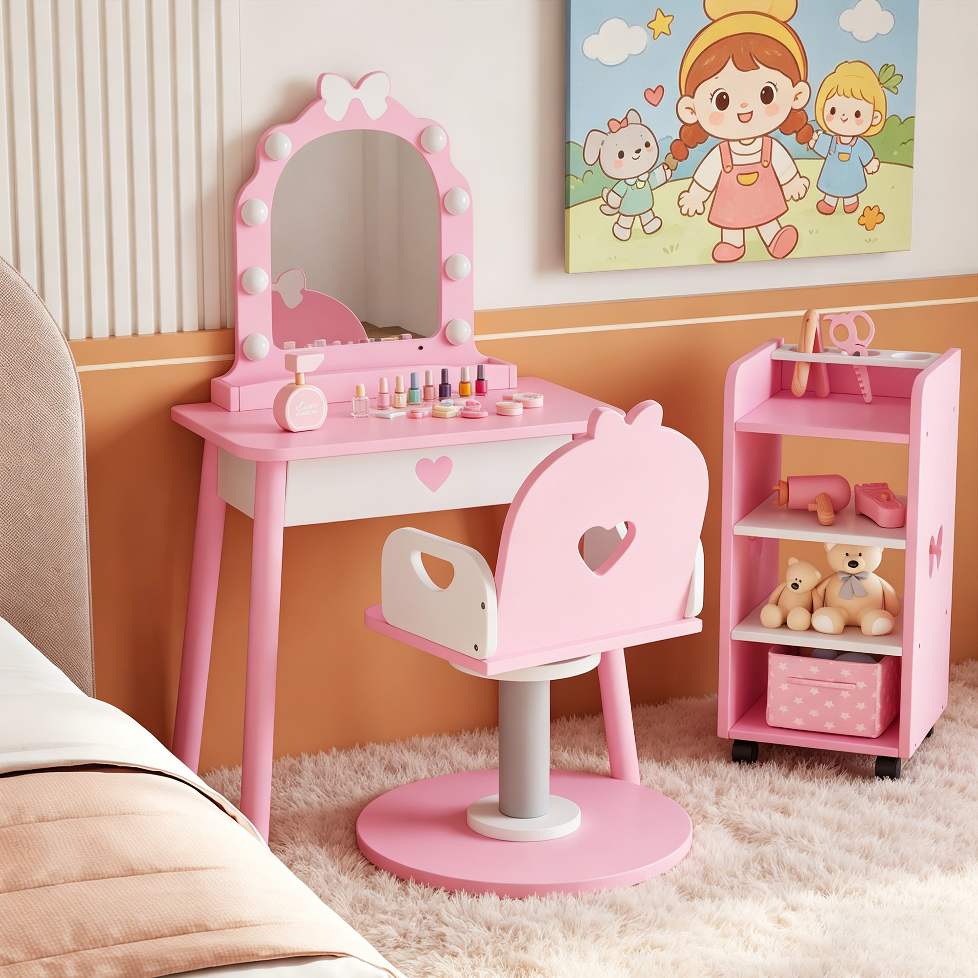 Guqiart Girls Pretend Vanity Set, Pink Makeup Dressing Table with Light, Barber Chair, Storage Shelf and 7 Pcs Hair Salon Play Accessories