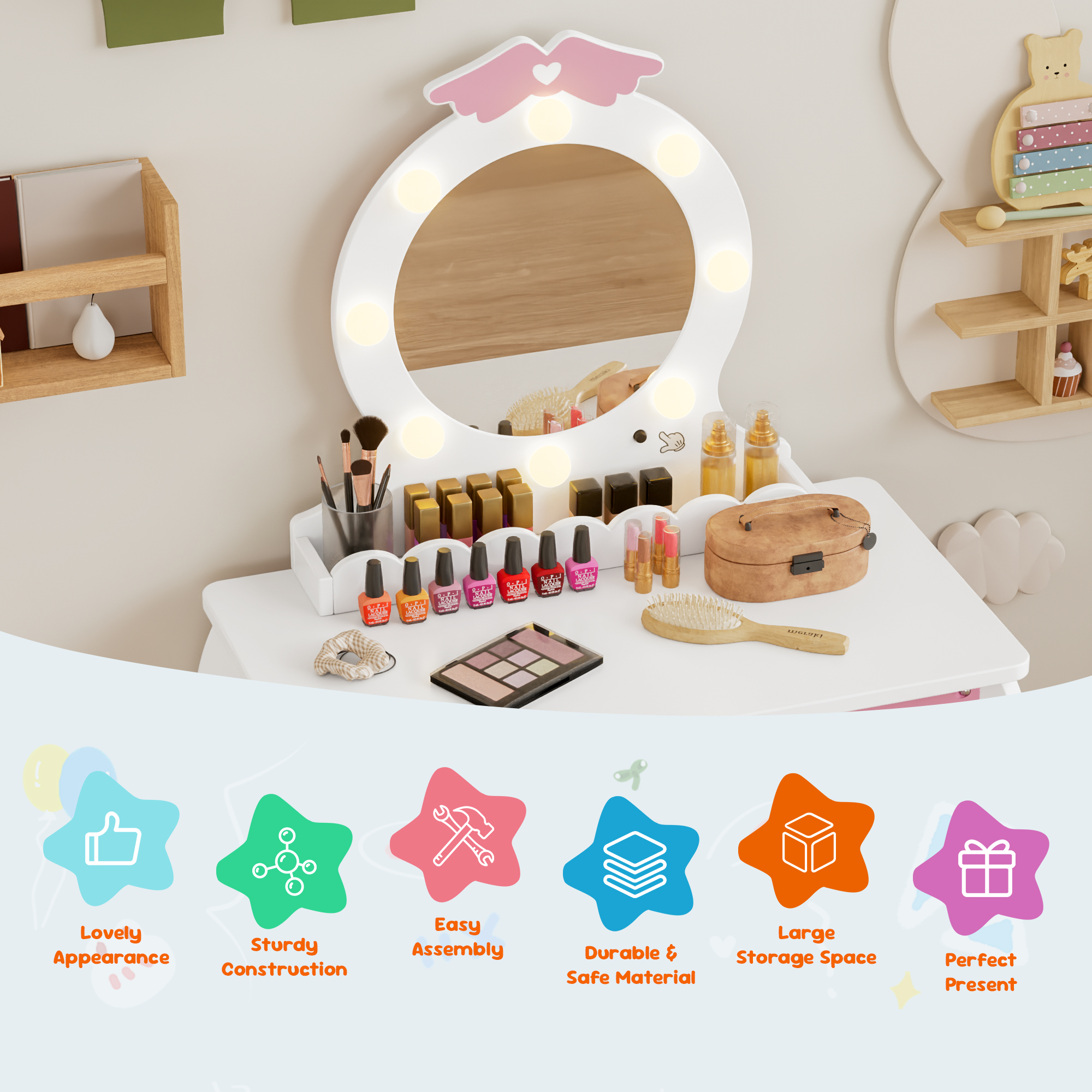 Kids Vanity Set with Lighted Mirror and Stool, Kids Make Up Vanity Desk with Storage Space