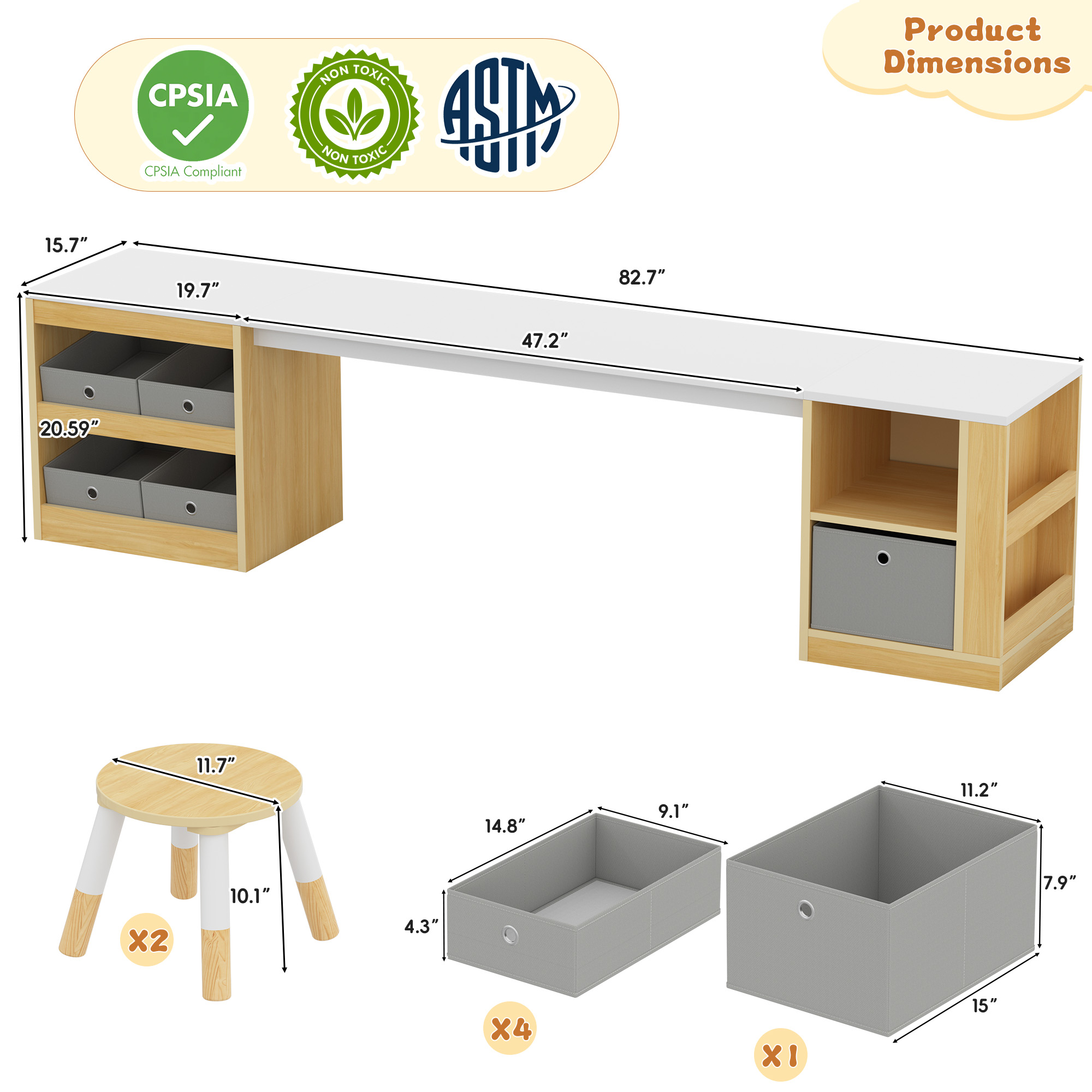 Guqiart Double Kids Wooden Study Desk and Chair Set for Two Children, 82.7" Long Craft Table with Storage Shelves, Fabric Bins and Side Book Rack