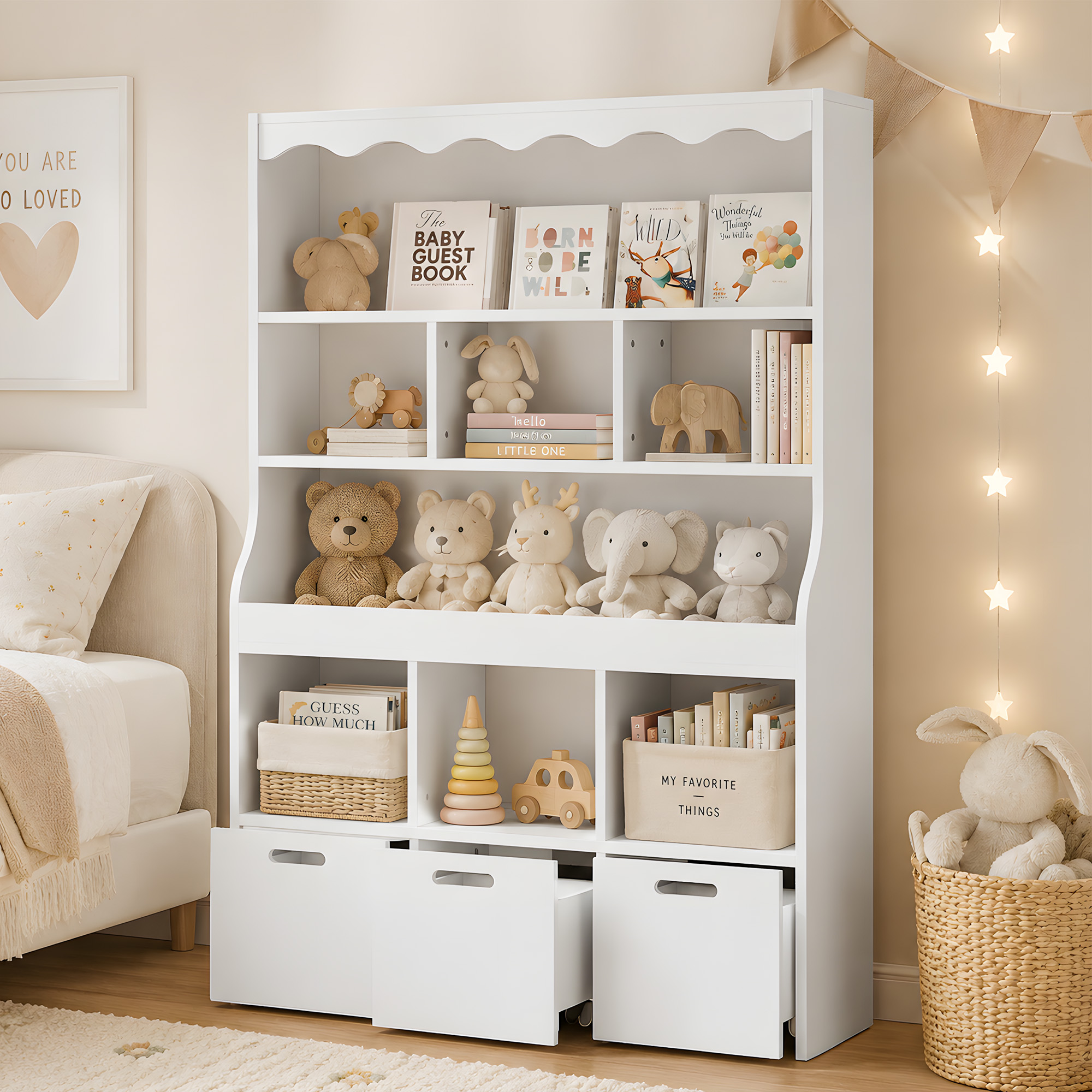 Guqiart Kids Toy Storage Organizer with Book Display Rack, 5-Tier Shelving Unit with Storage Bins, Large Capacity Bookcase for Boys & Girls, White, Perfect for Playroom & Nursery