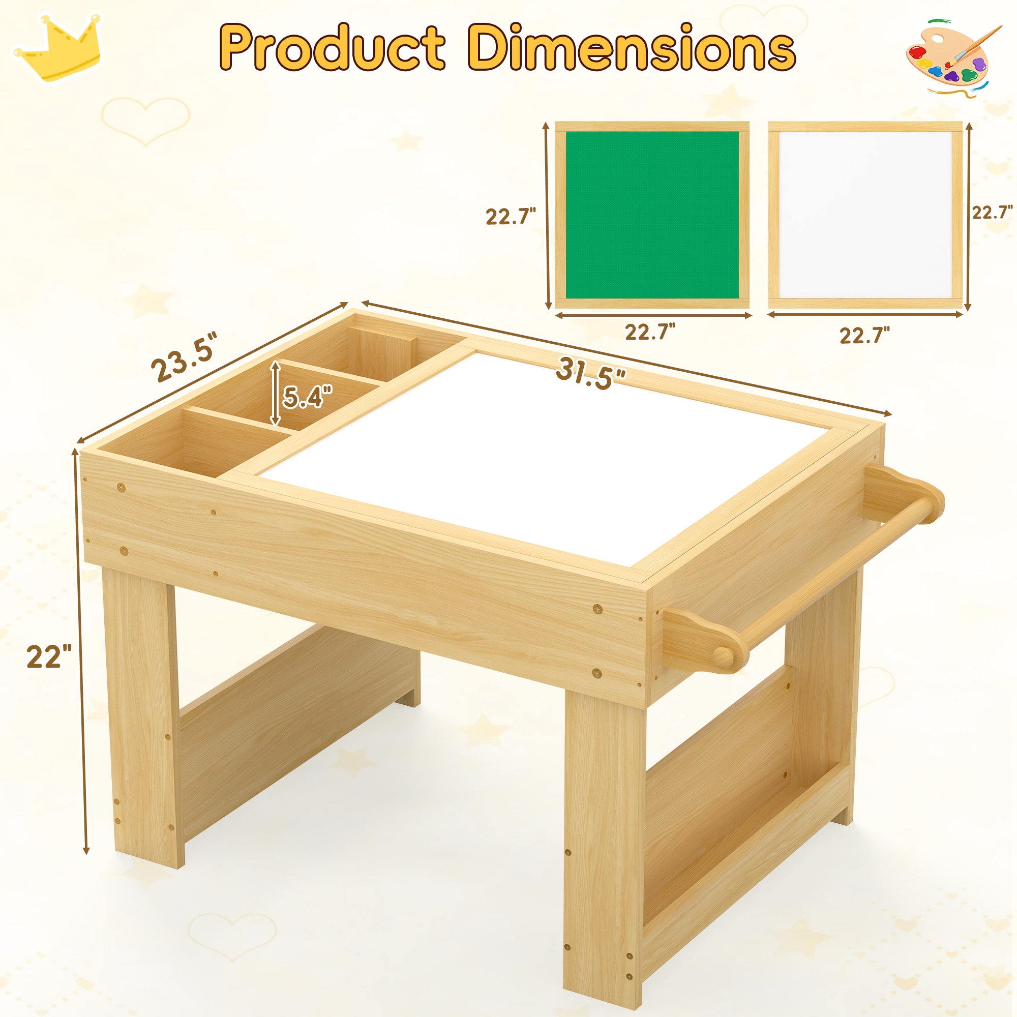 Guqiart 5-in-1 Kids Reversible Activity Desk, Sand Art Building Block Blackboard Paper Roll Storage Bookshelf Sensory LED Light Activity Table, Natural