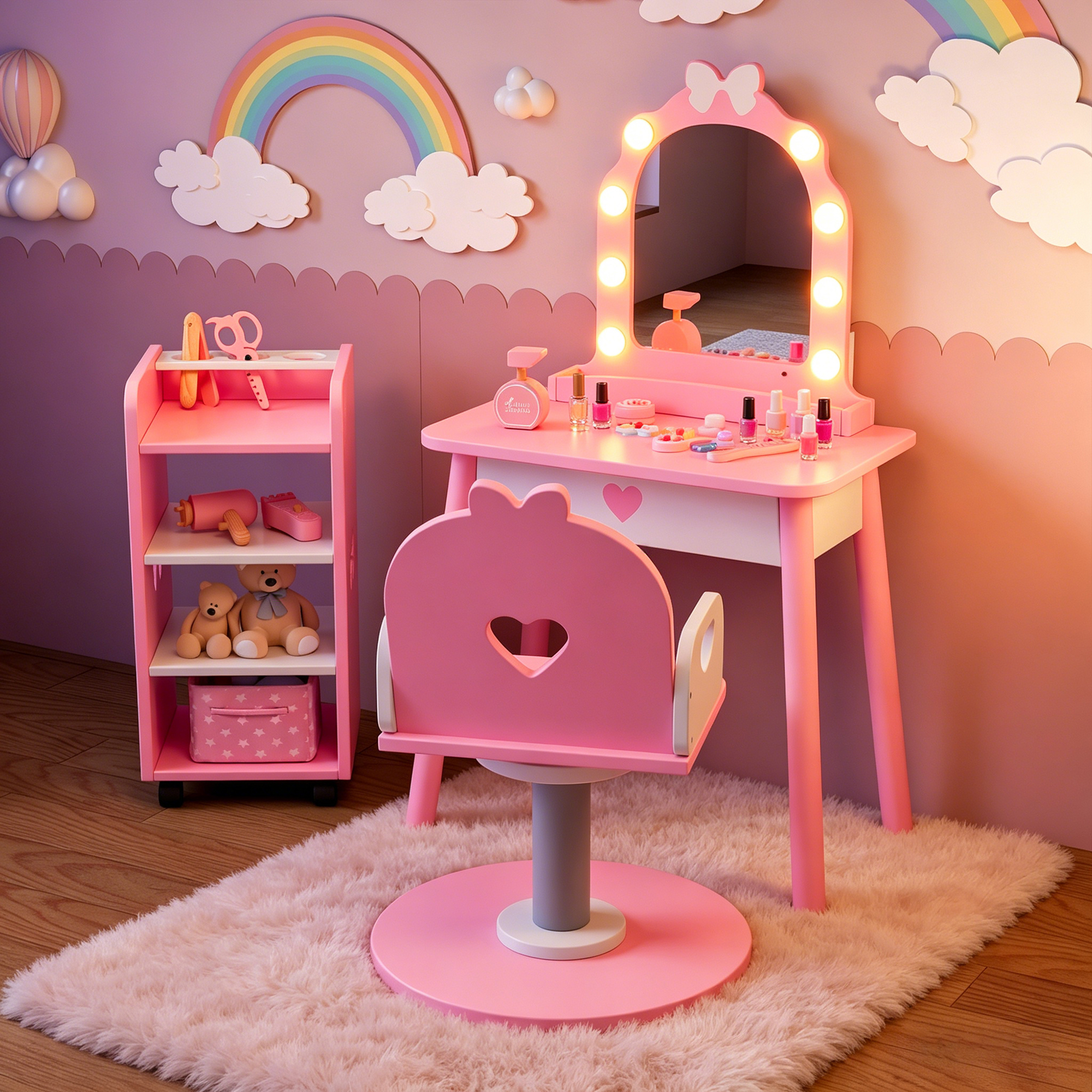 Guqiart Girls Pretend Vanity Set, Pink Makeup Dressing Table with Light, Barber Chair, Storage Shelf and 7 Pcs Hair Salon Play Accessories