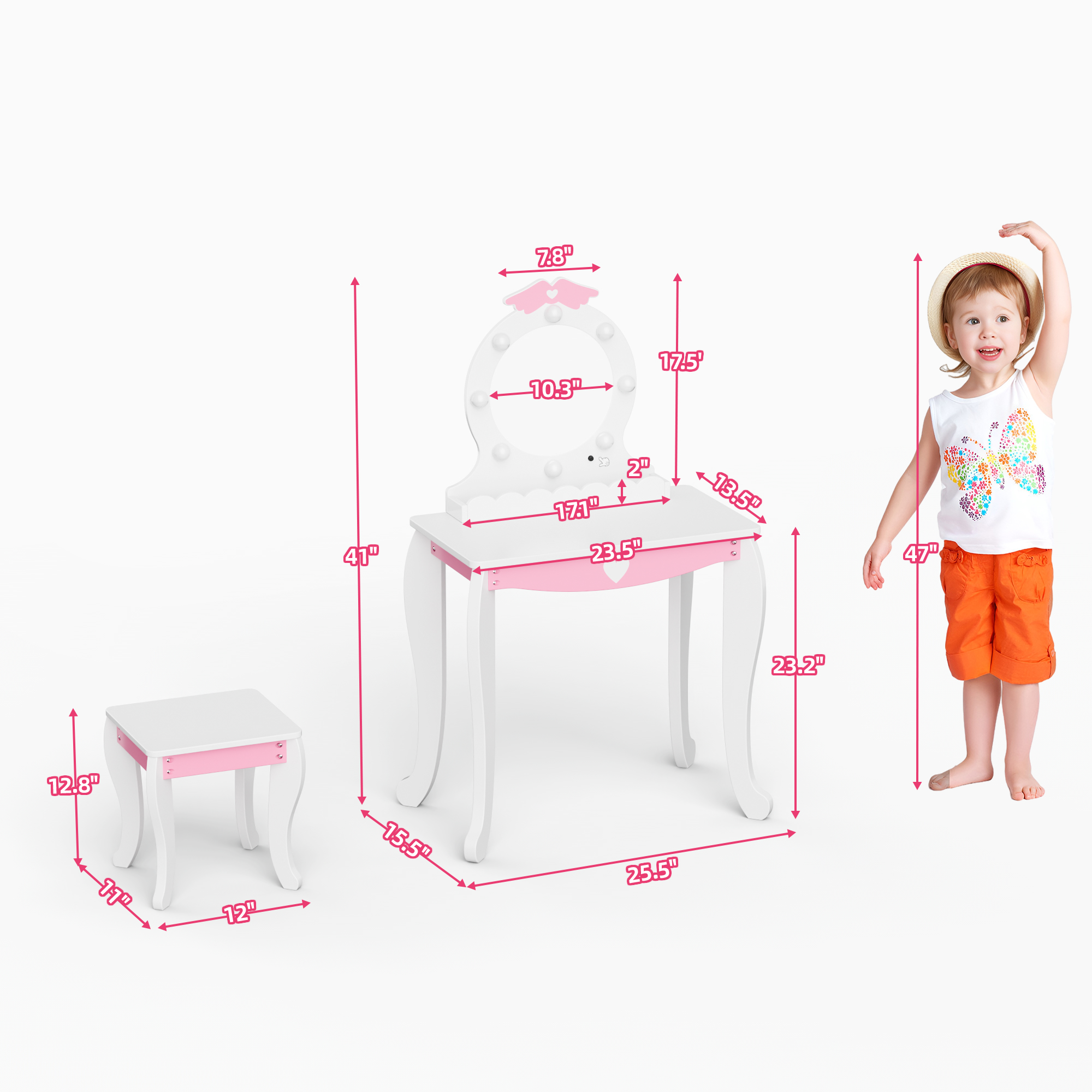Kids Vanity Set with Lighted Mirror and Stool, Kids Make Up Vanity Desk with Storage Space