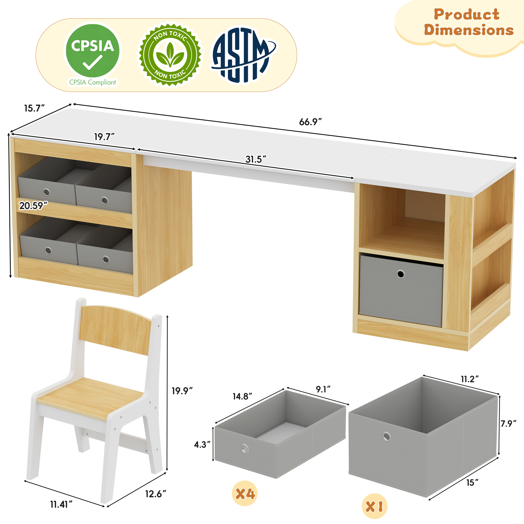 Guqiart Double Kids Desk and Chair Set, 82.7 Inch Wooden 2 Person Study Table with Storage Shelves, 5 Fabric Storage Bins & Side Book Rack, Large Toddler Craft Activity Desk for Bedroom Playroom