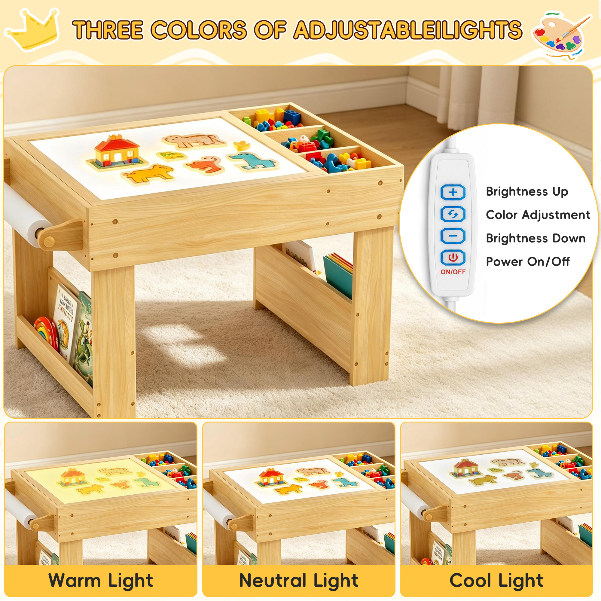 Guqiart 5-in-1 Kids Reversible Activity Desk, Sand Art Building Block Blackboard Paper Roll Storage Bookshelf Sensory LED Light Activity Table, Natural