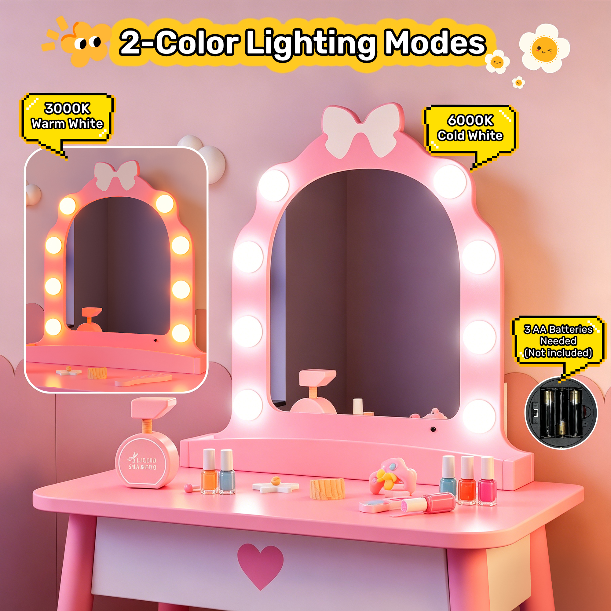Guqiart Girls Pretend Vanity Set, Pink Makeup Dressing Table with Light, Barber Chair, Storage Shelf and 7 Pcs Hair Salon Play Accessories
