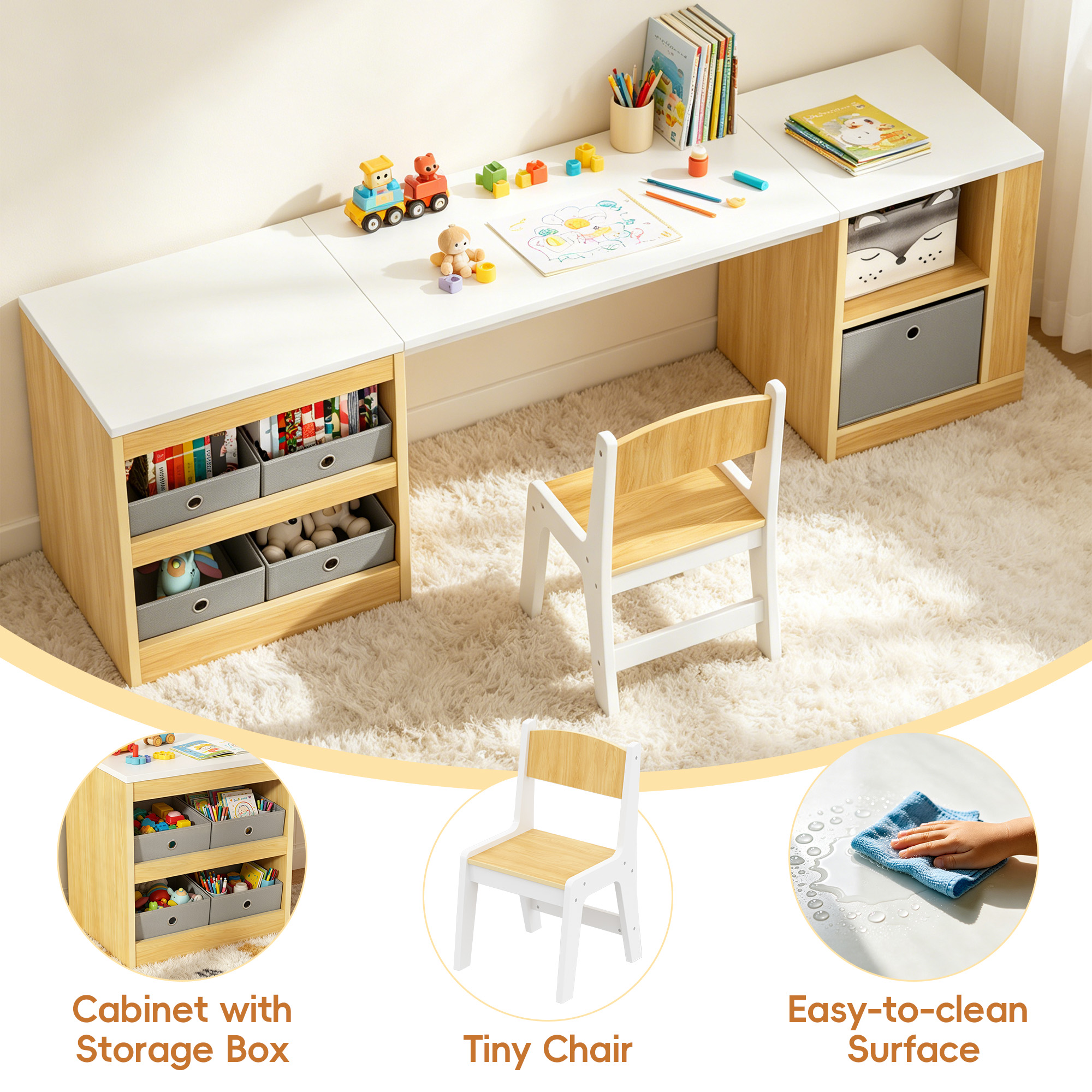 Guqiart Double Kids Desk and Chair Set, 82.7 Inch Wooden 2 Person Study Table with Storage Shelves, 5 Fabric Storage Bins & Side Book Rack, Large Toddler Craft Activity Desk for Bedroom Playroom