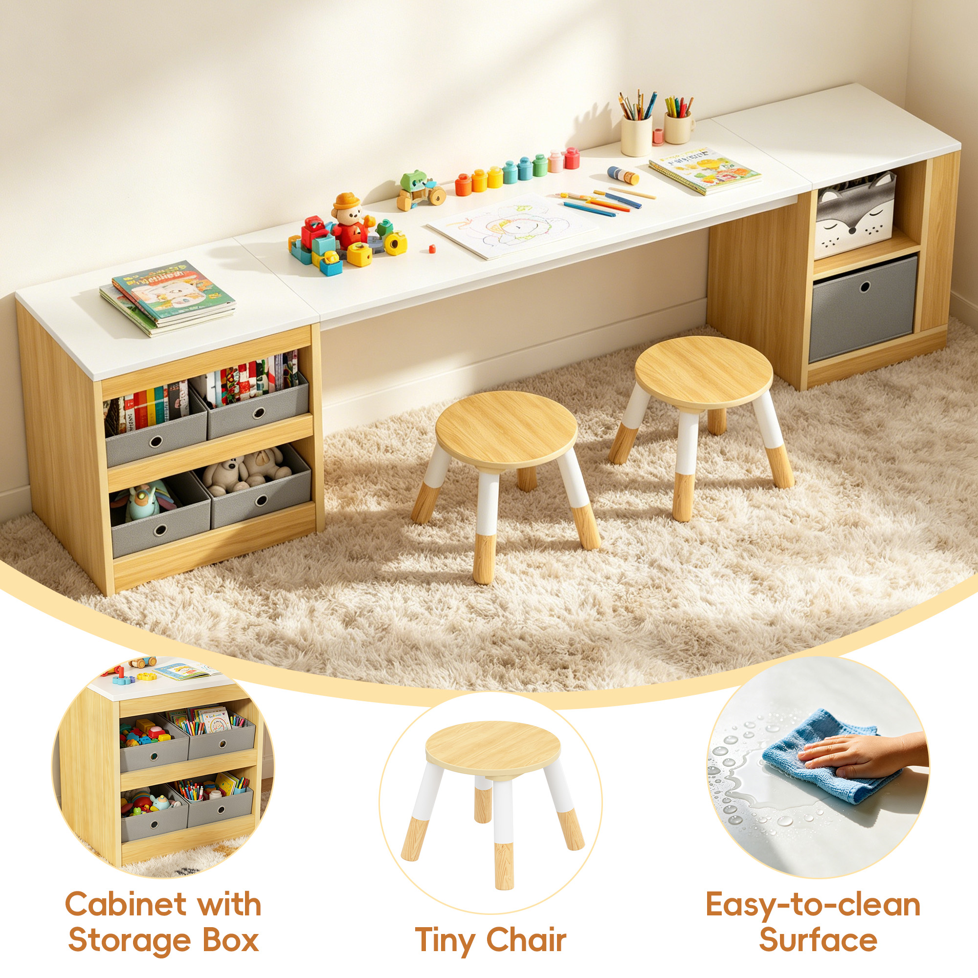 Guqiart Double Kids Wooden Study Desk and Chair Set for Two Children, 82.7" Long Craft Table with Storage Shelves, Fabric Bins and Side Book Rack