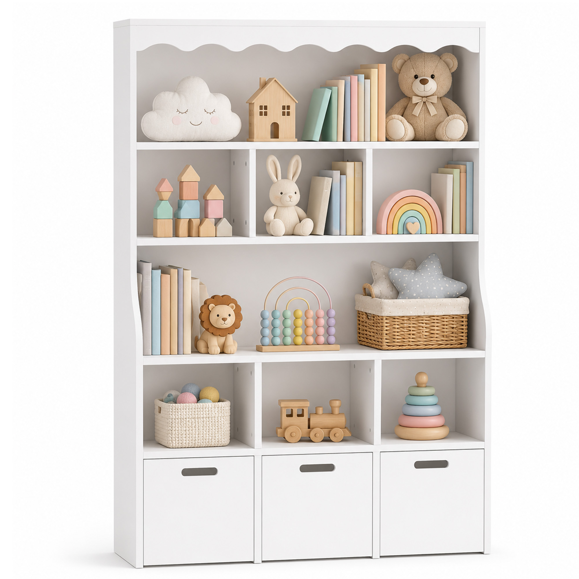 Guqiart Kids Toy Storage Organizer with Book Display Rack, 5-Tier Shelving Unit with Storage Bins, Large Capacity Bookcase for Boys & Girls, White, Perfect for Playroom & Nursery