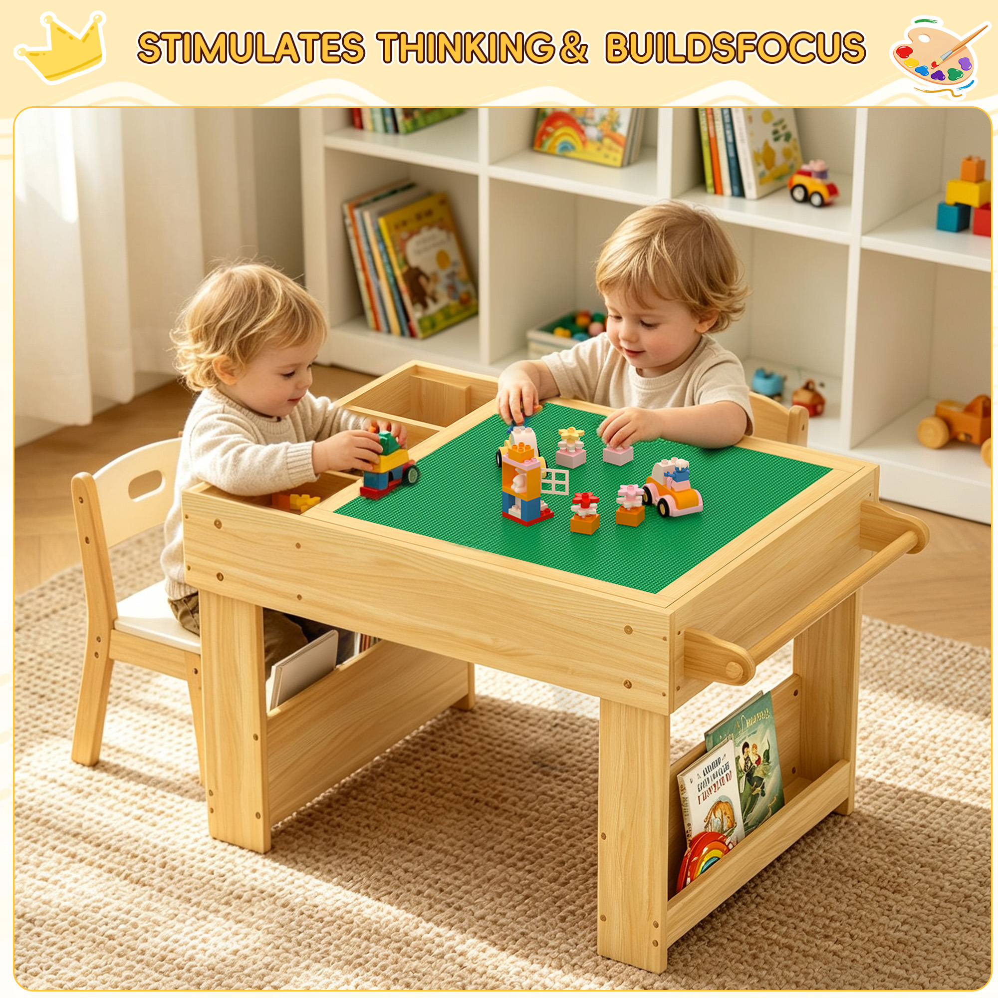 Guqiart 5-in-1 Kids Reversible Activity Desk, Sand Art Building Block Blackboard Paper Roll Storage Bookshelf Sensory LED Light Activity Table, Natural